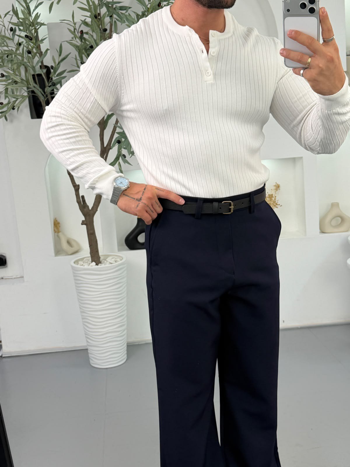 Ekru GG Fitilli Henley Yaka Triko