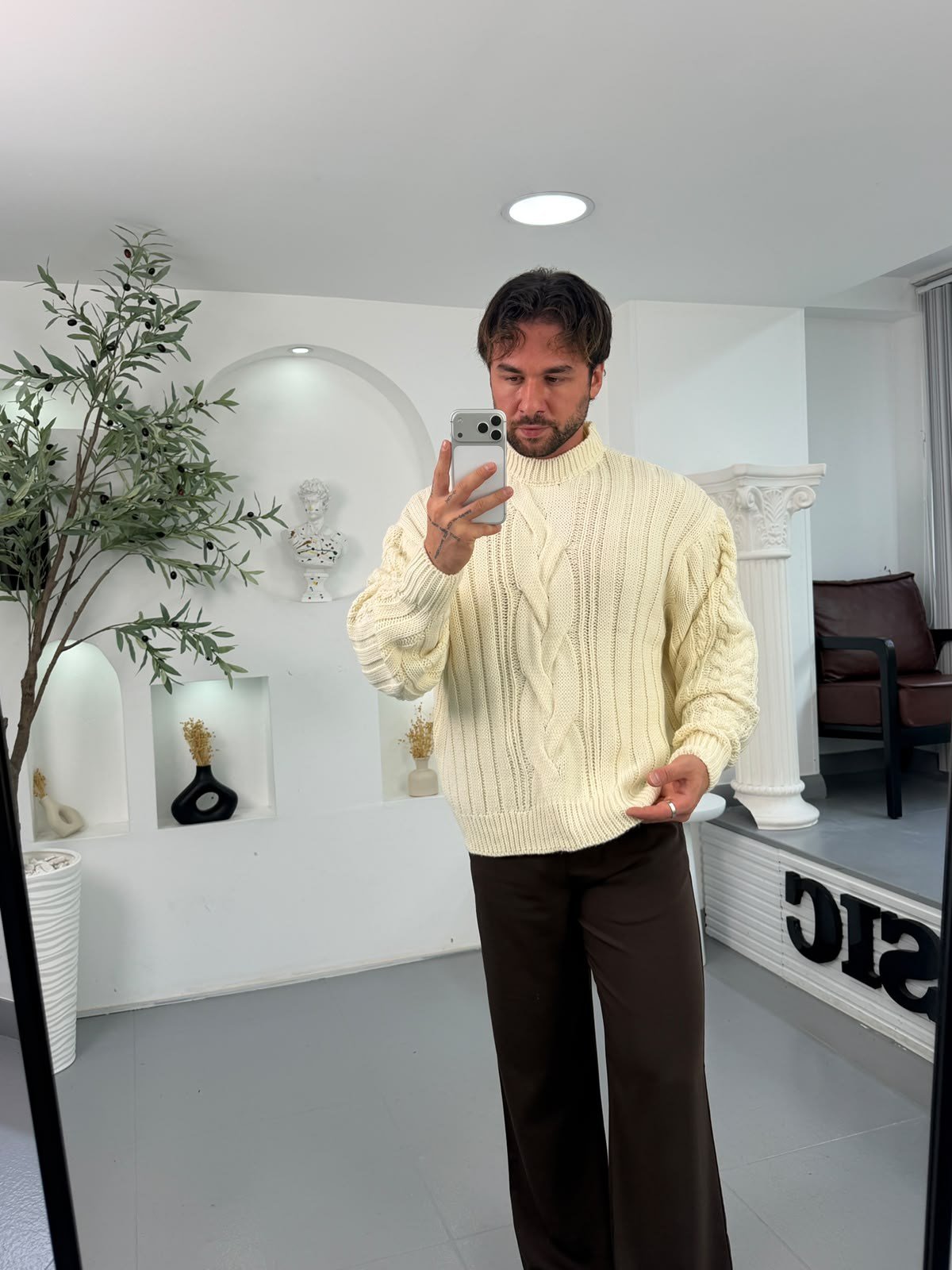 Ekru GG Zincir Örgü Oversize Kazak