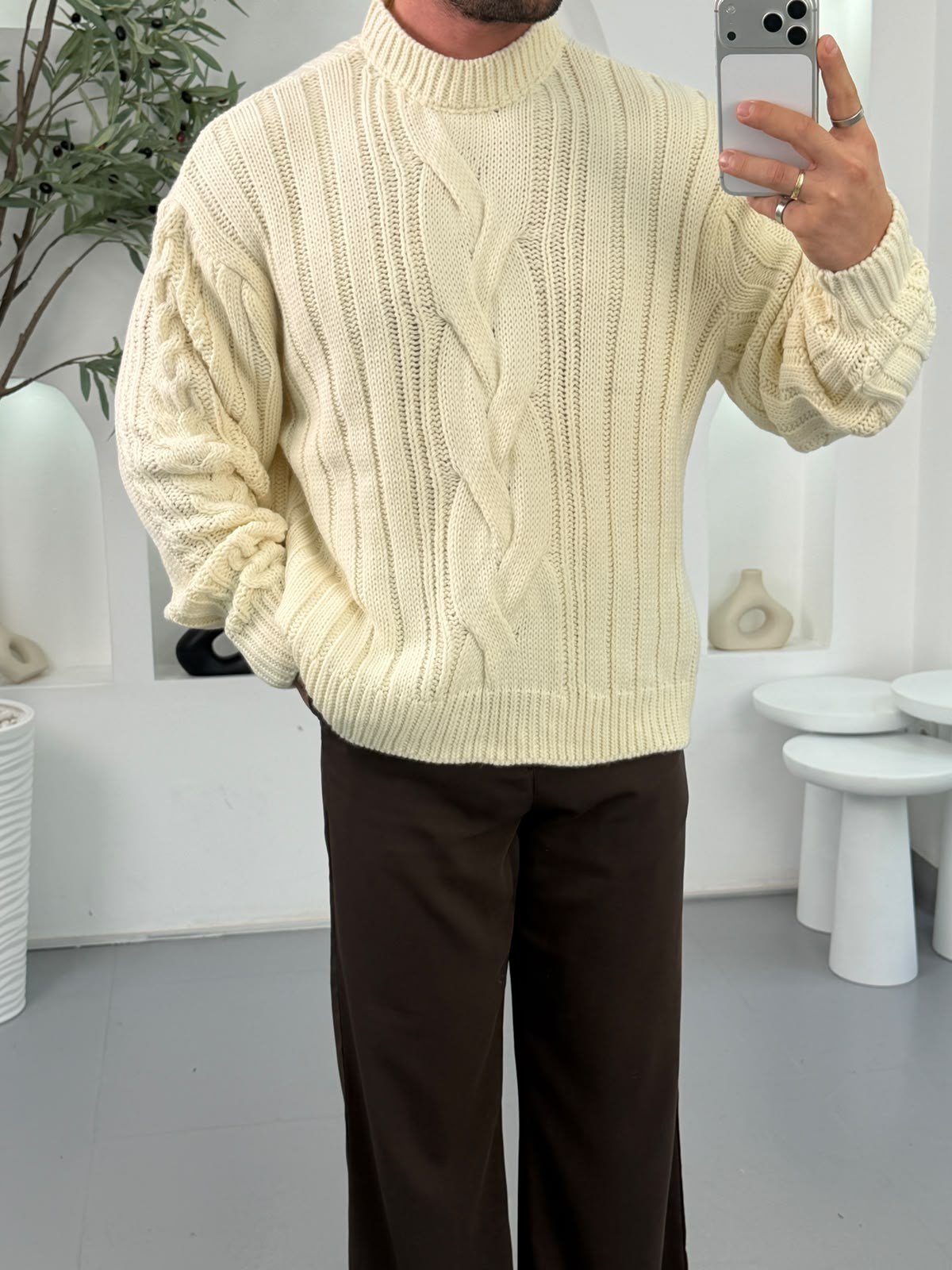 Ekru GG Zincir Örgü Oversize Kazak