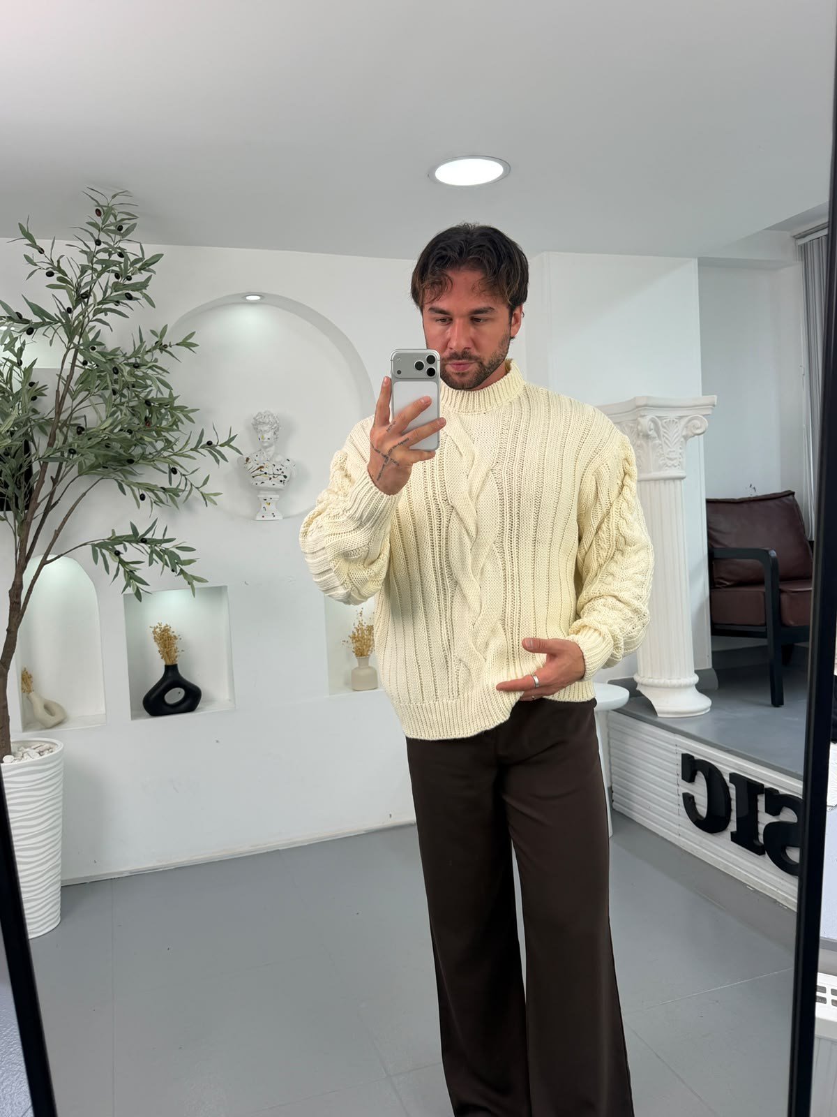 Ekru GG Zincir Örgü Oversize Kazak