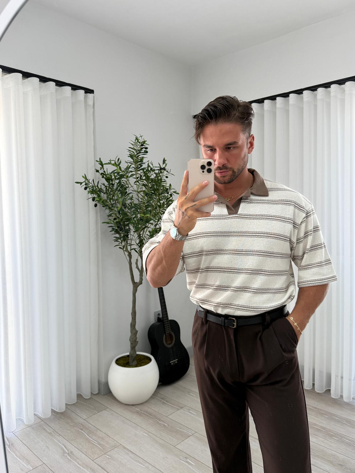 Ekru Kahve RL Şeritli Polo Yaka Triko