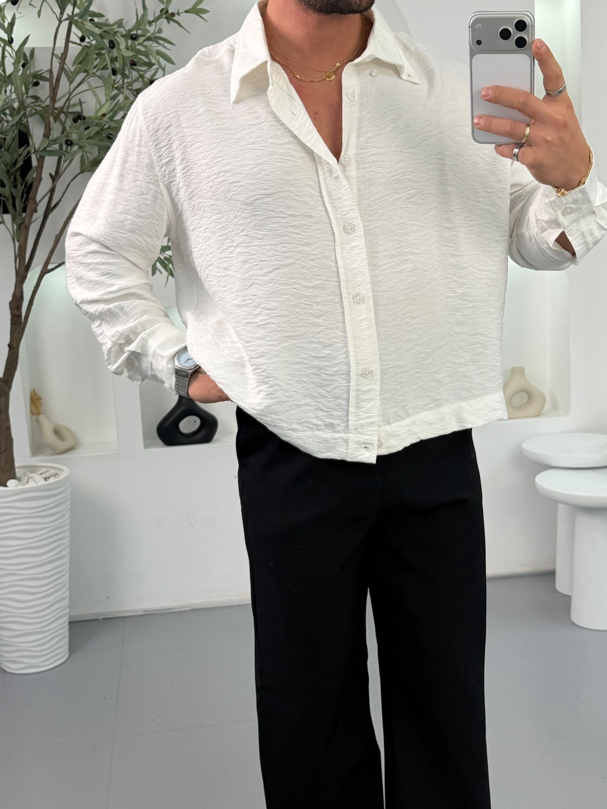 Ekru KN Desenli Boxy Fit Gömlek