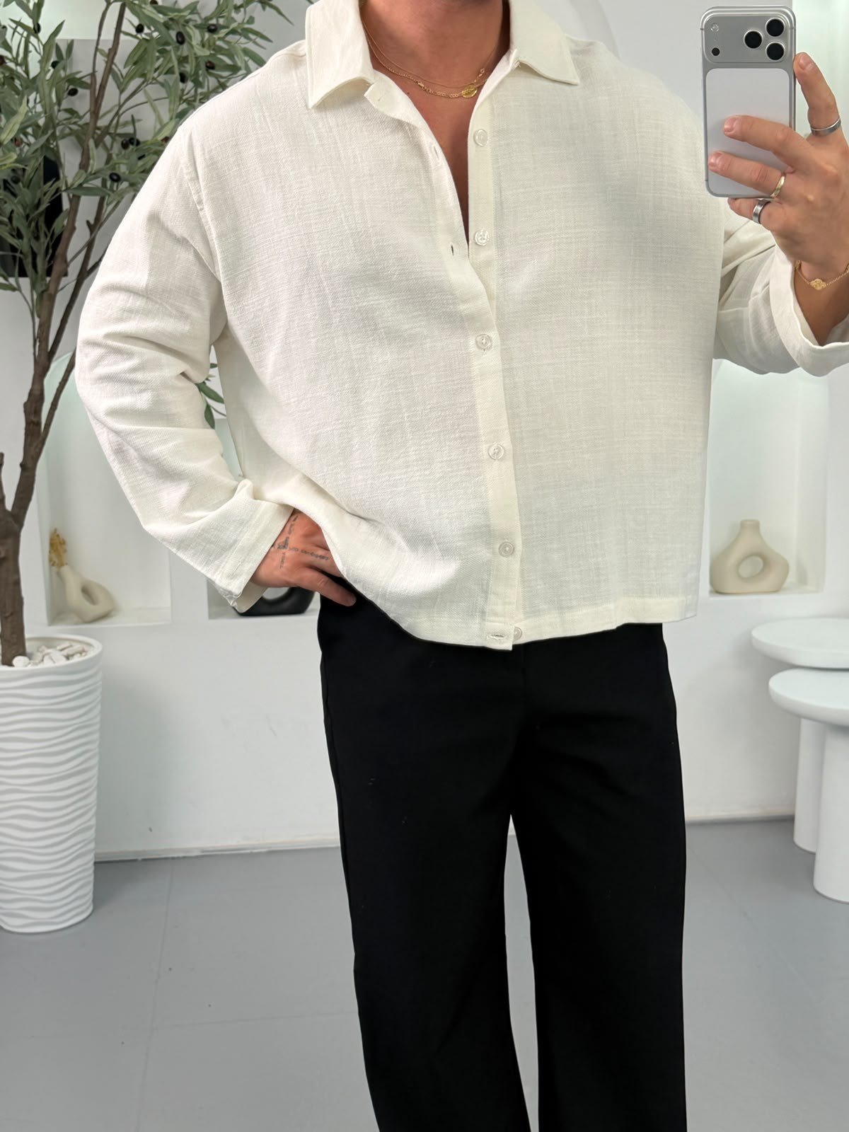 Ekru KN Dikiş Detaylı Boxy Fit Gömlek