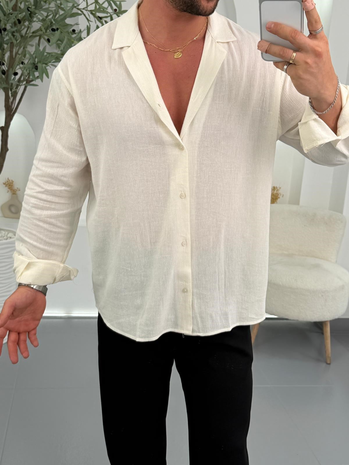 Ekru Mr Açık Yaka Regular Fit Gömlek