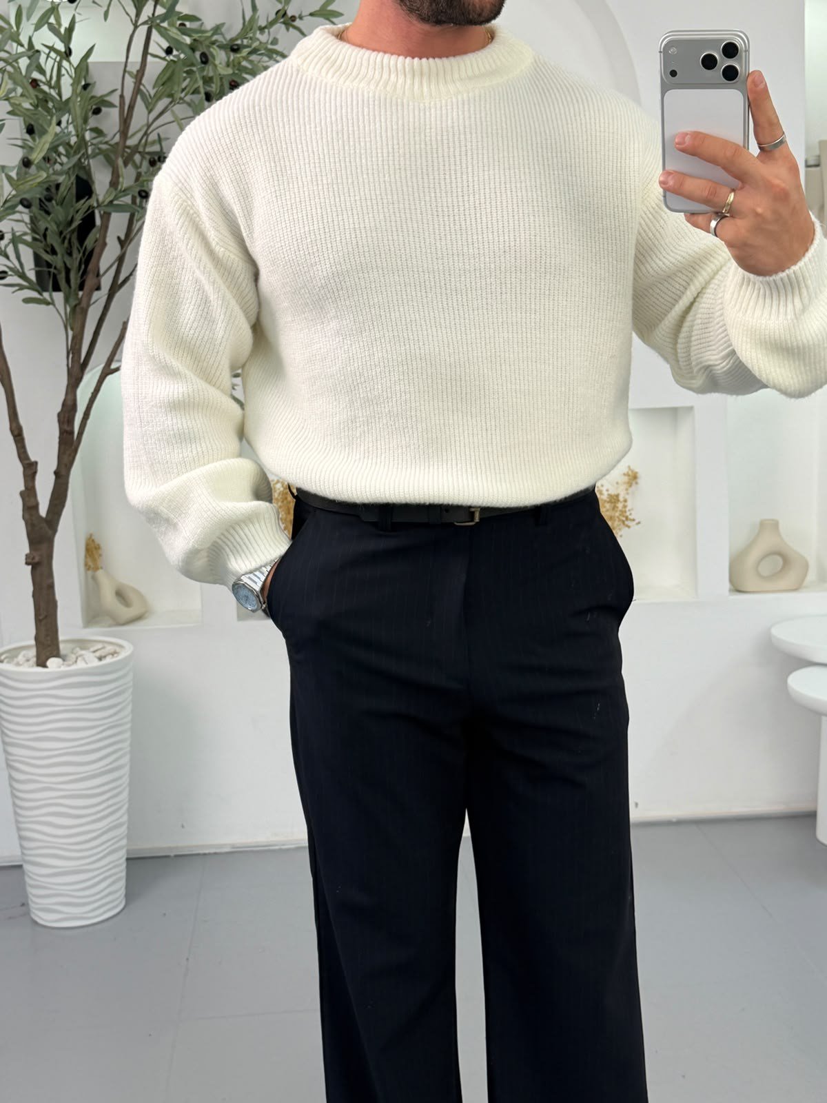 Ekru RL Bisiklet Yaka Oversize Triko