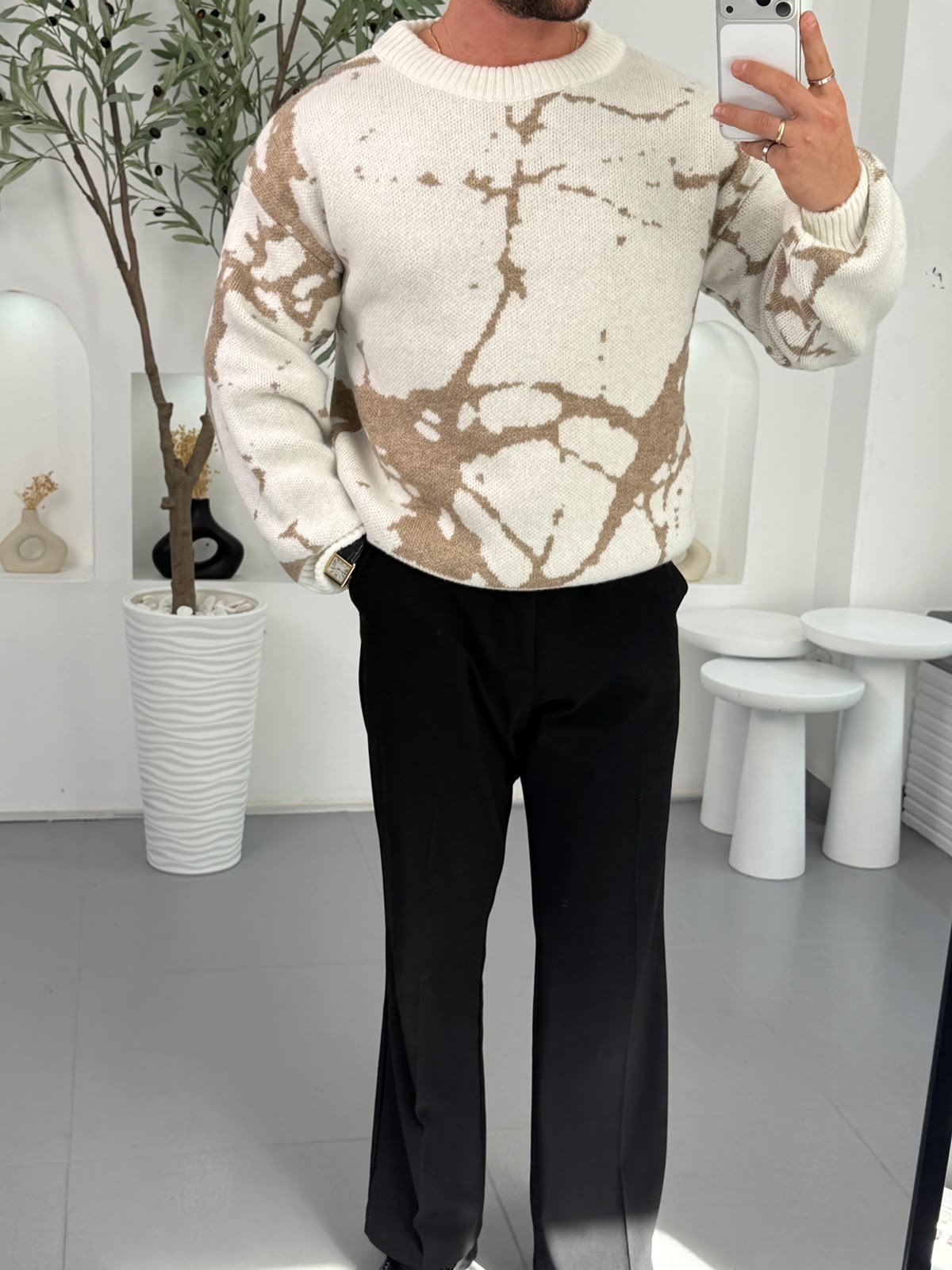 Ekru RL Dalmaçya Desen Boxy Fit Triko