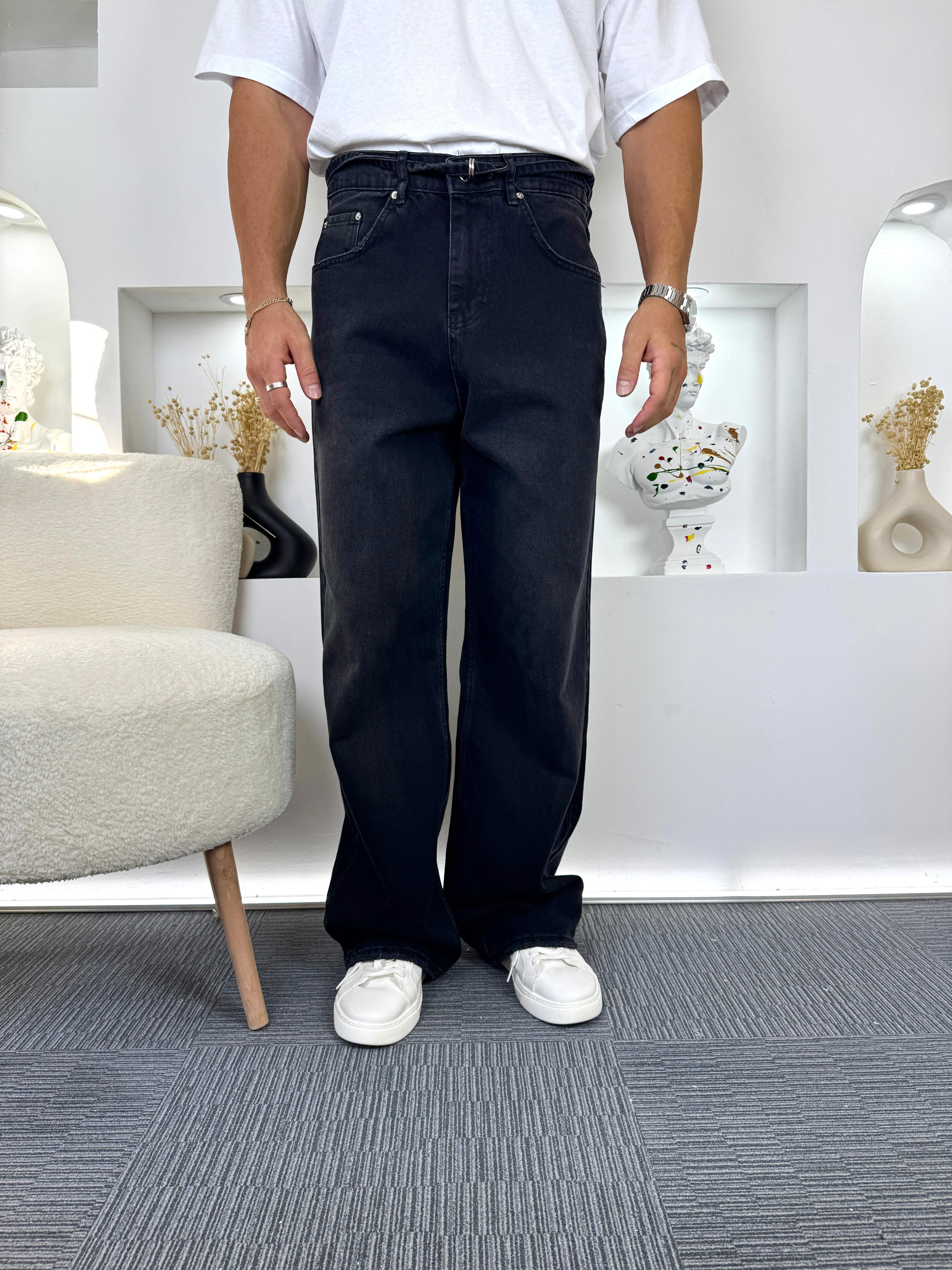 Füme Mavi Çıkarlabilir Kemerli GG Baggy Jean