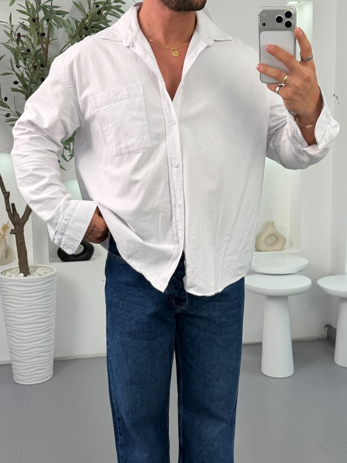 GG Oversize Cepli Oxford Gömlek Beyaz