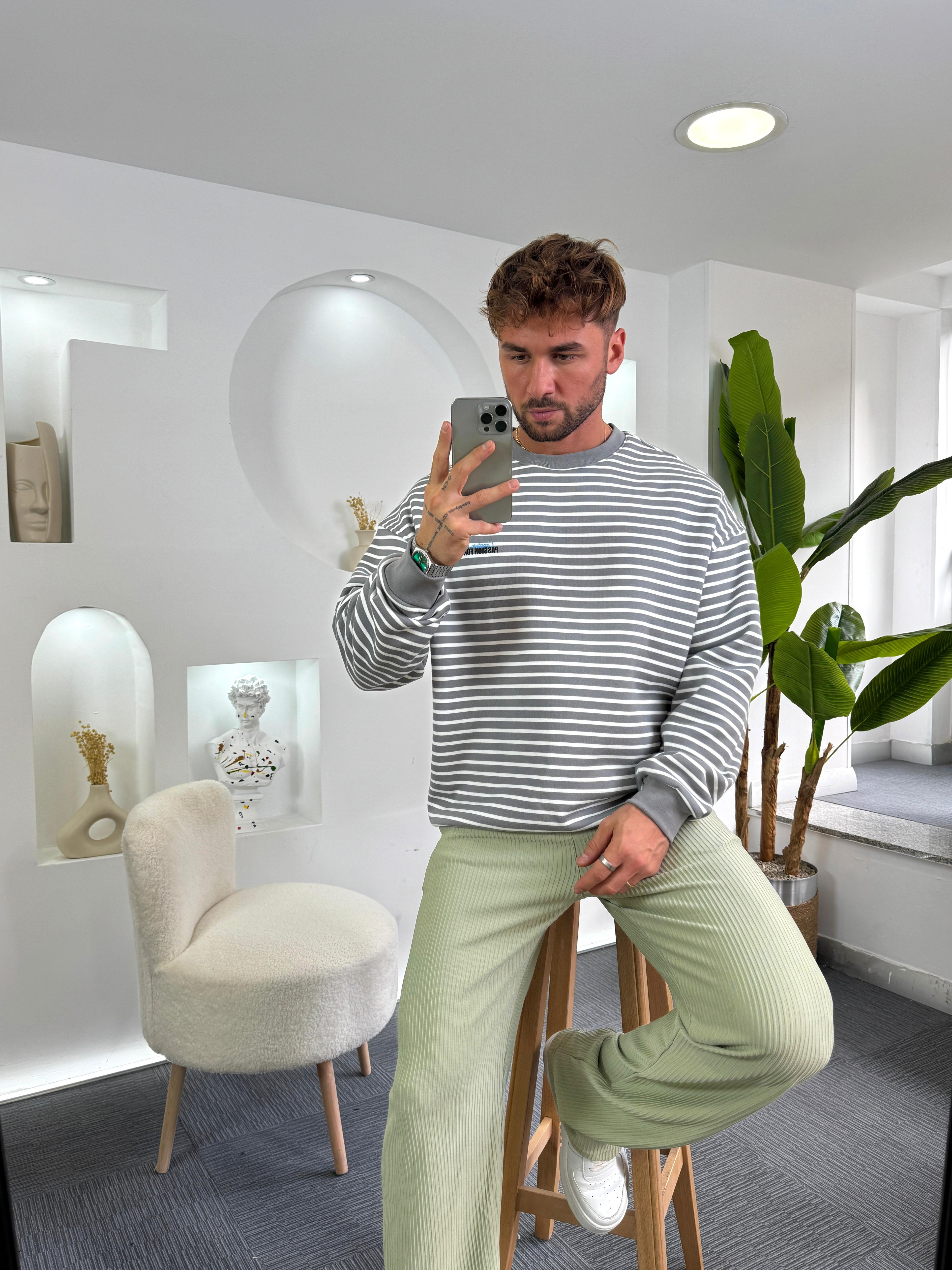 Gri Beyaz Ess Life Oversize 3iplik Şardonlu Sweat