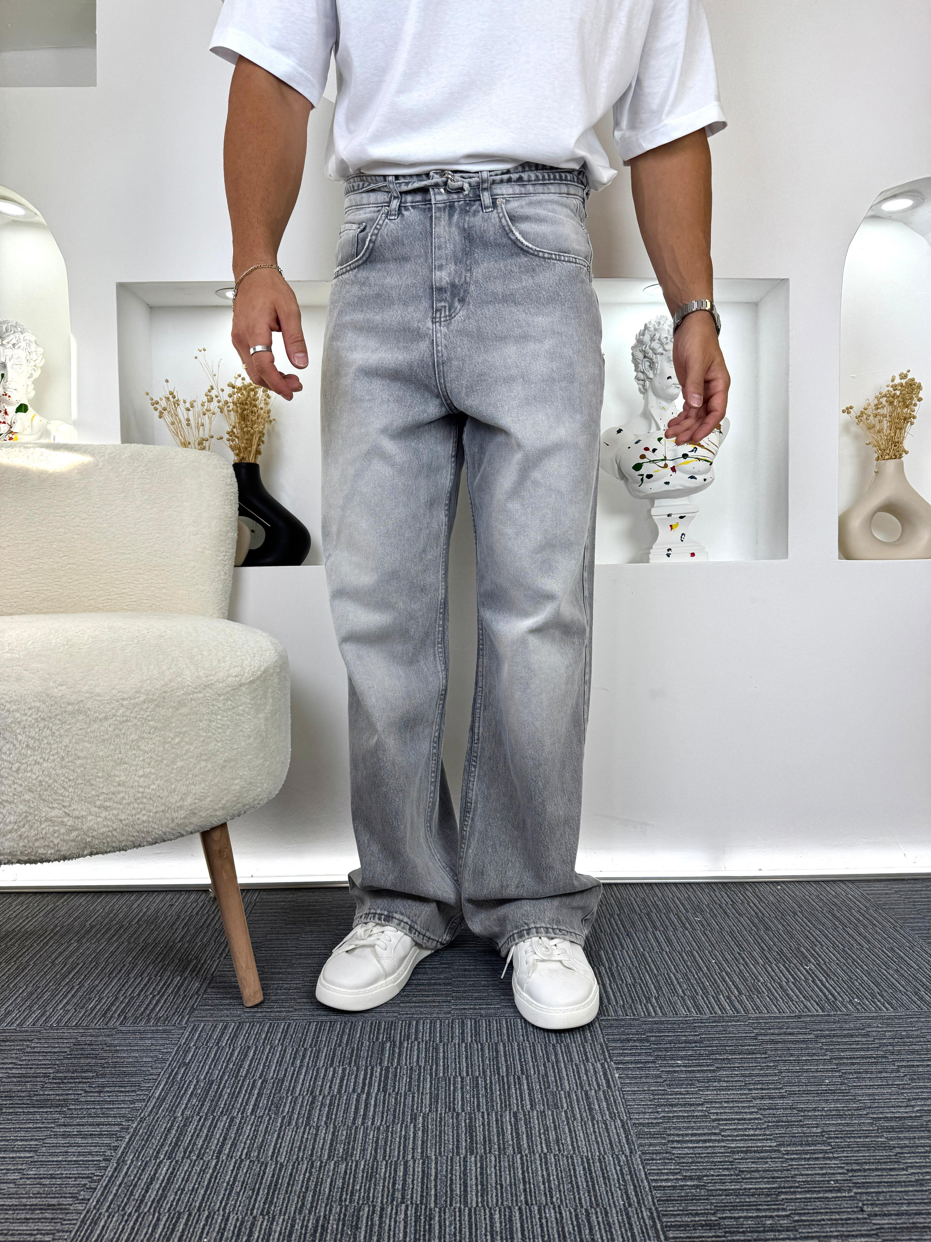 Gri Çıkarılabilir Kemerli GG Baggy Jean
