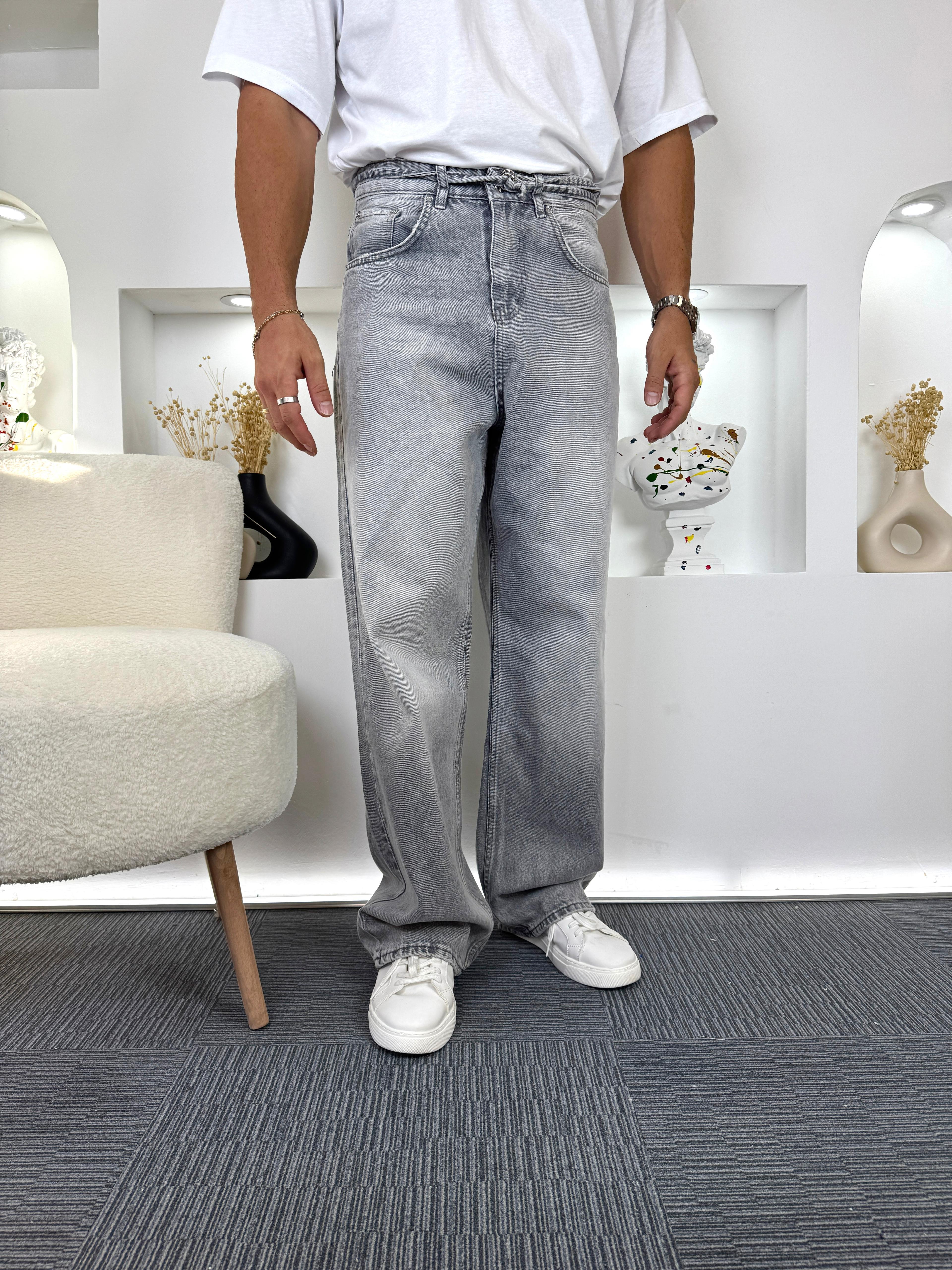 Gri Çıkarılabilir Kemerli GG Baggy Jean