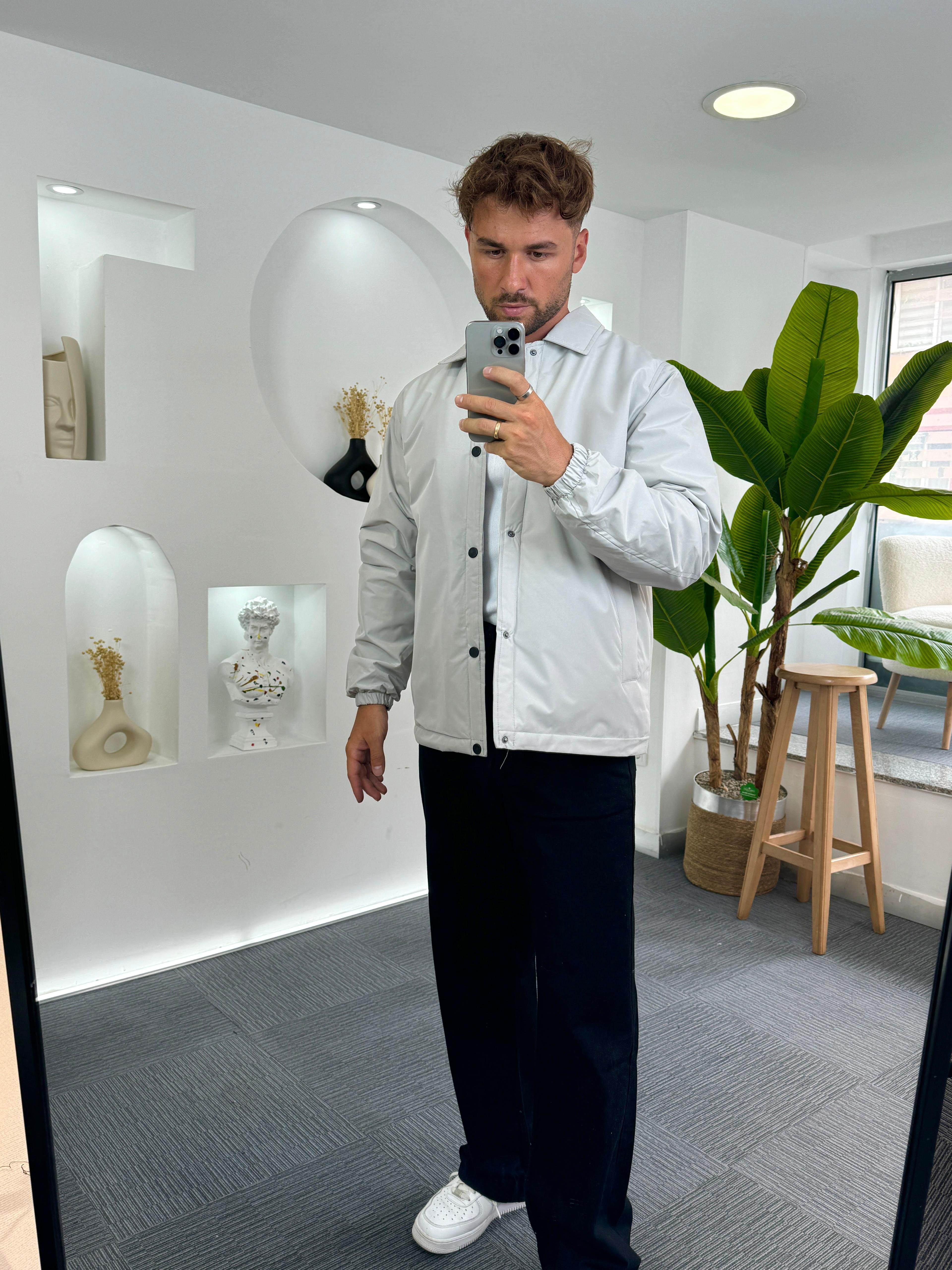 Gri Çıtçıtlı Oversize Mevsim Ceket