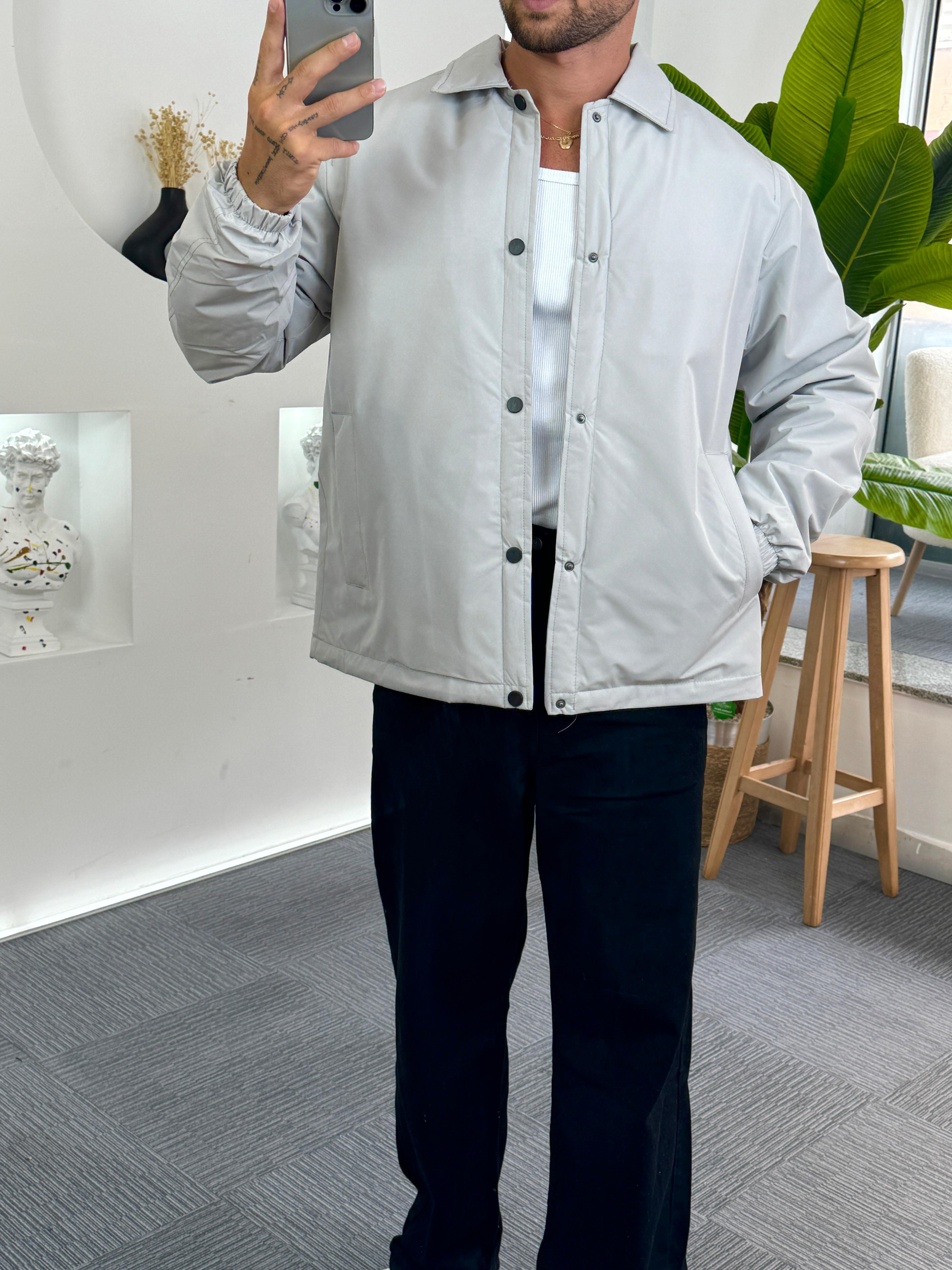 Gri Çıtçıtlı Oversize Mevsim Ceket