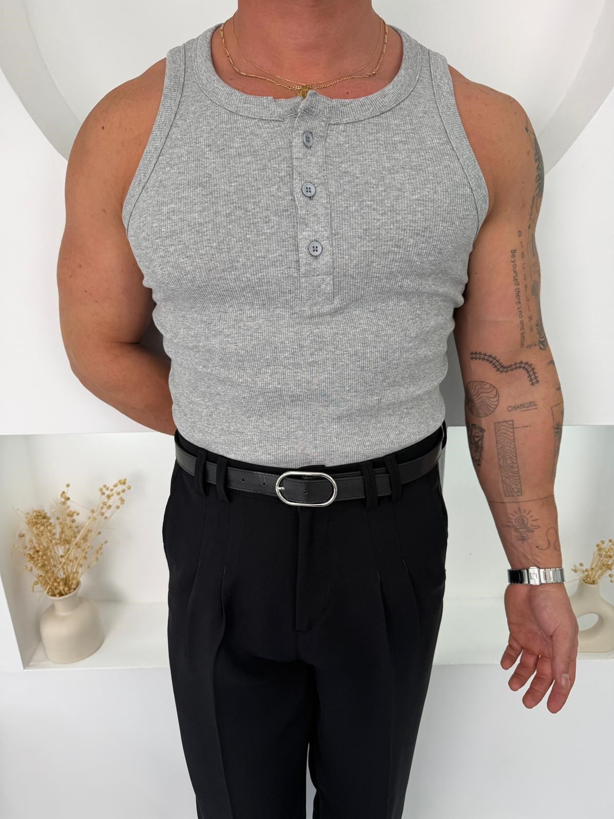 Gri GG Düğmeli Fitilli Atlet