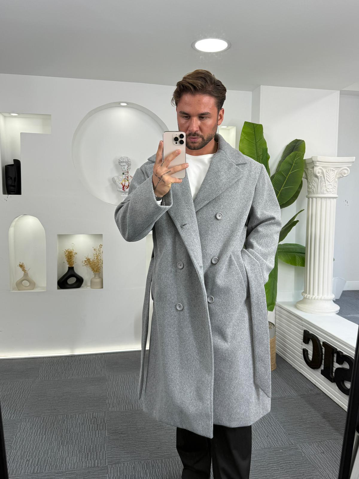 Gri GG Kuşaklı Oversize Kaban