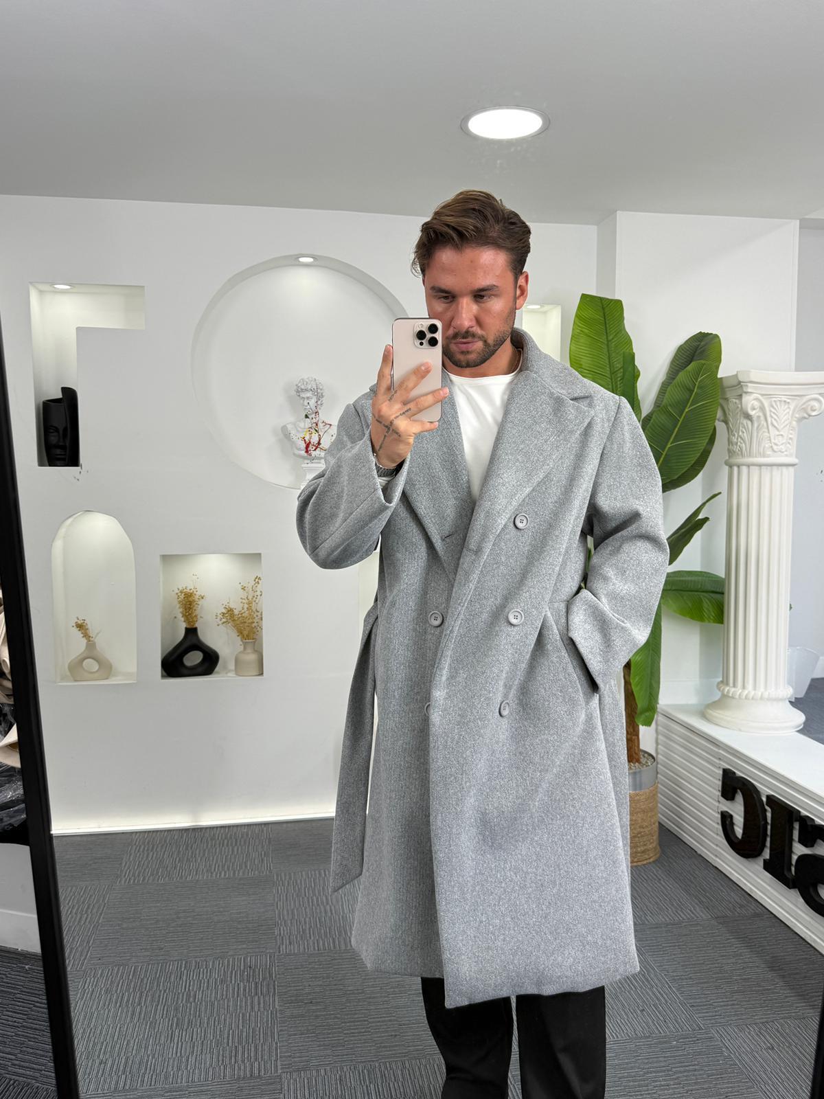 Gri GG Kuşaklı Oversize Kaban