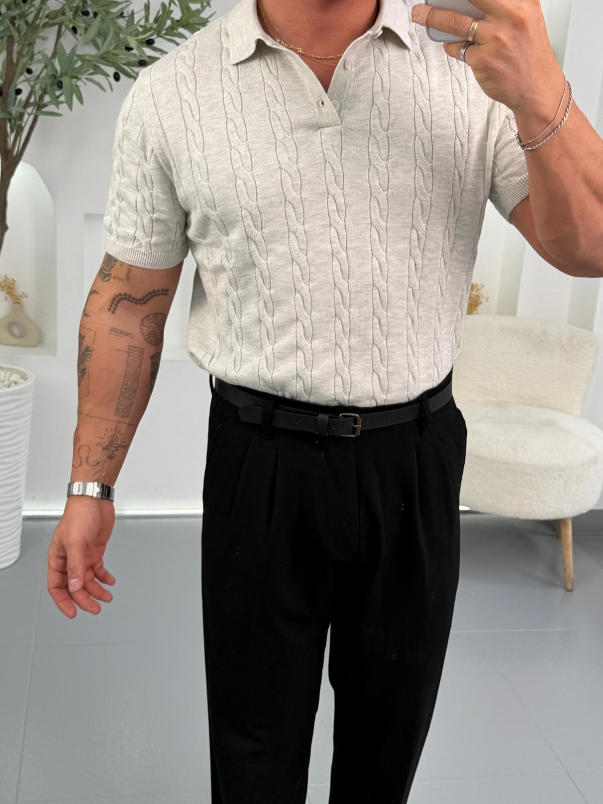 Gri GG Zincir İşleme Polo Yaka Triko