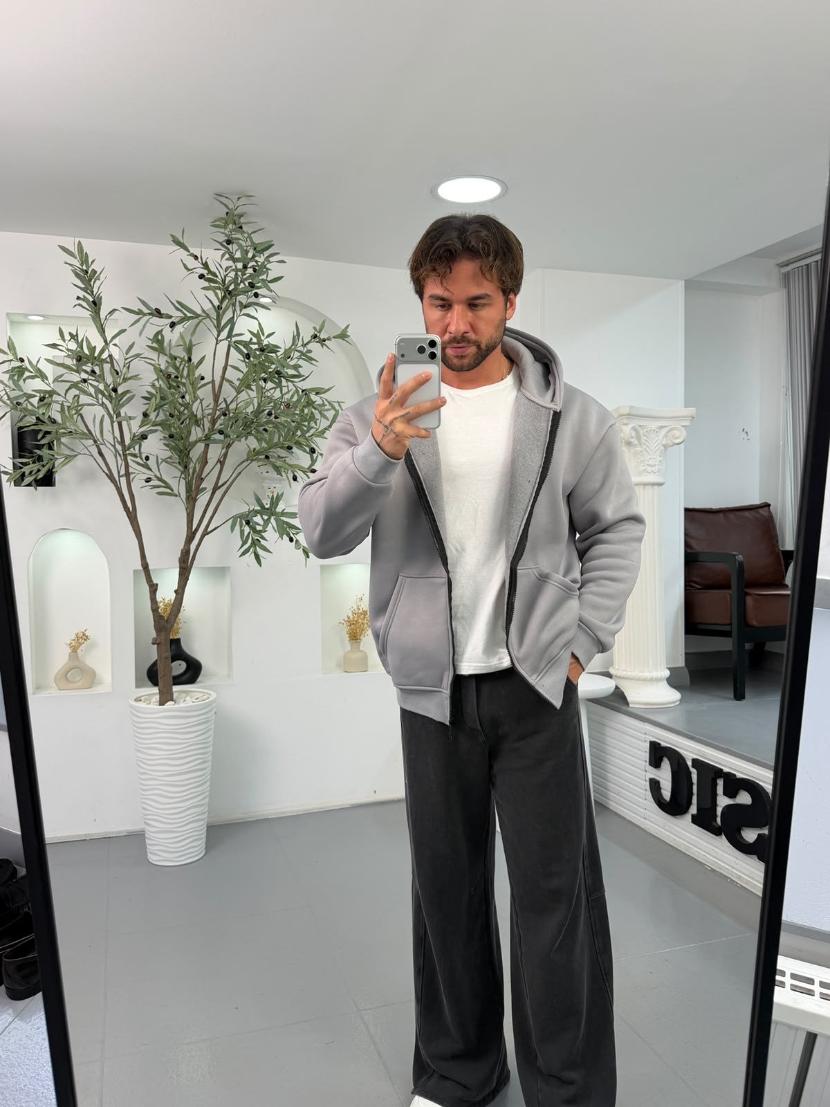 Gri RL 3iplik Şardonlu Oversize Kapüşonlu Hırka