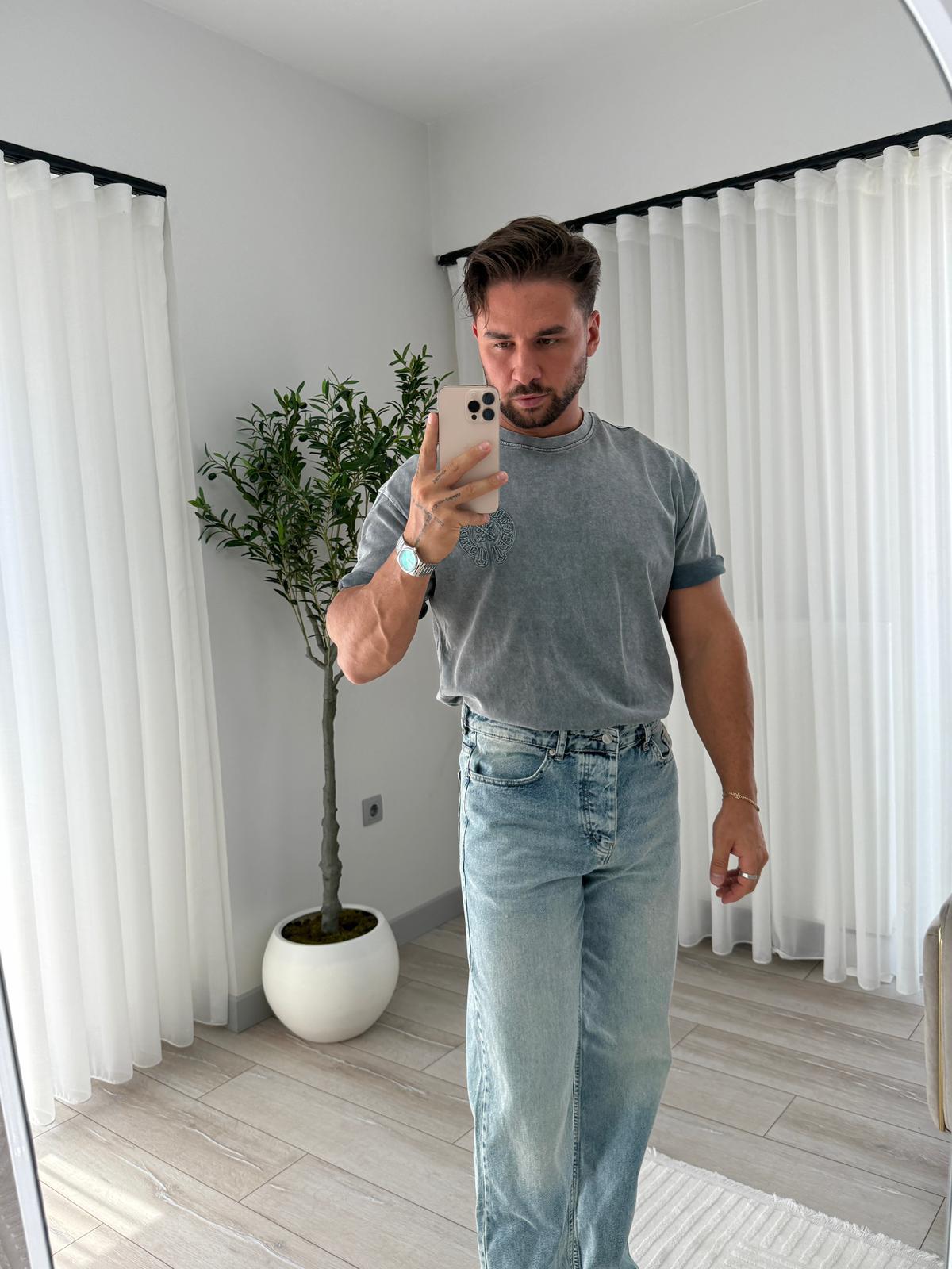 Gri RL Sırt Nakışlı Oversize Tshirt