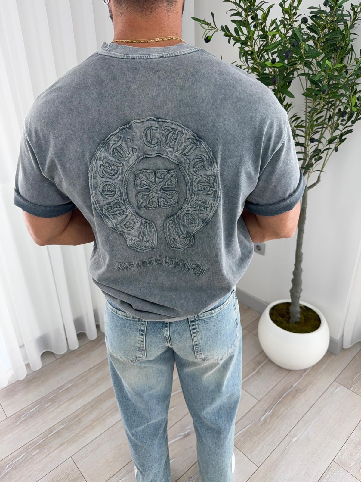 Gri RL Sırt Nakışlı Oversize Tshirt