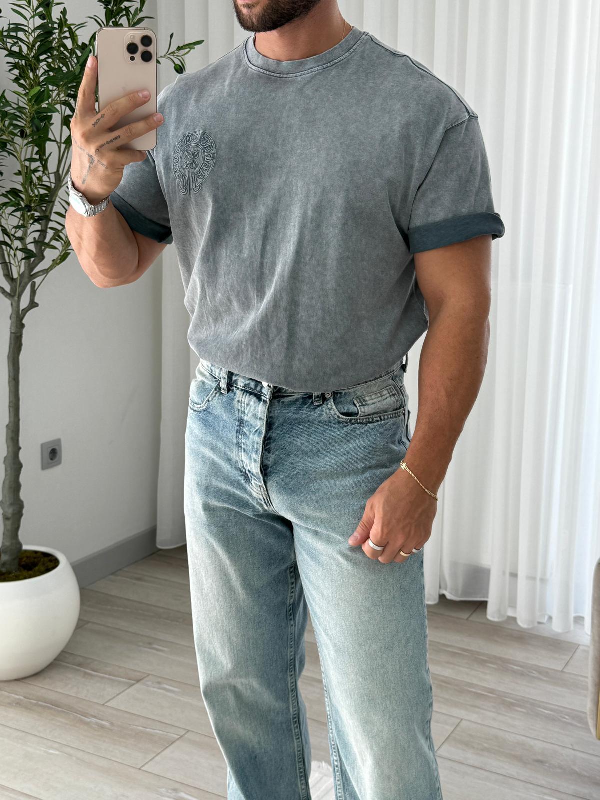 Gri RL Sırt Nakışlı Oversize Tshirt