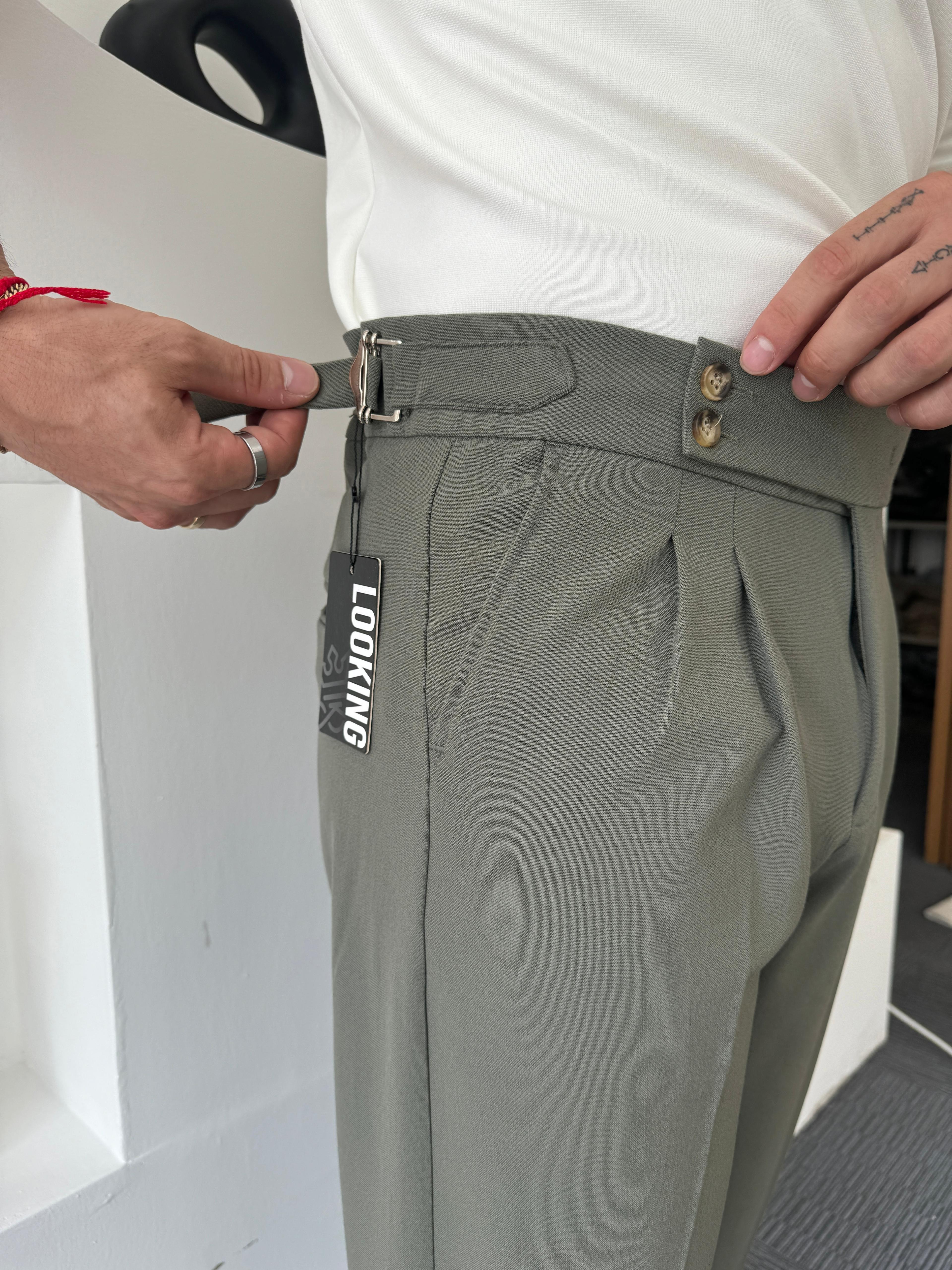 Haki Çift Yan Kemerli Baggy Kumaş Pantolon