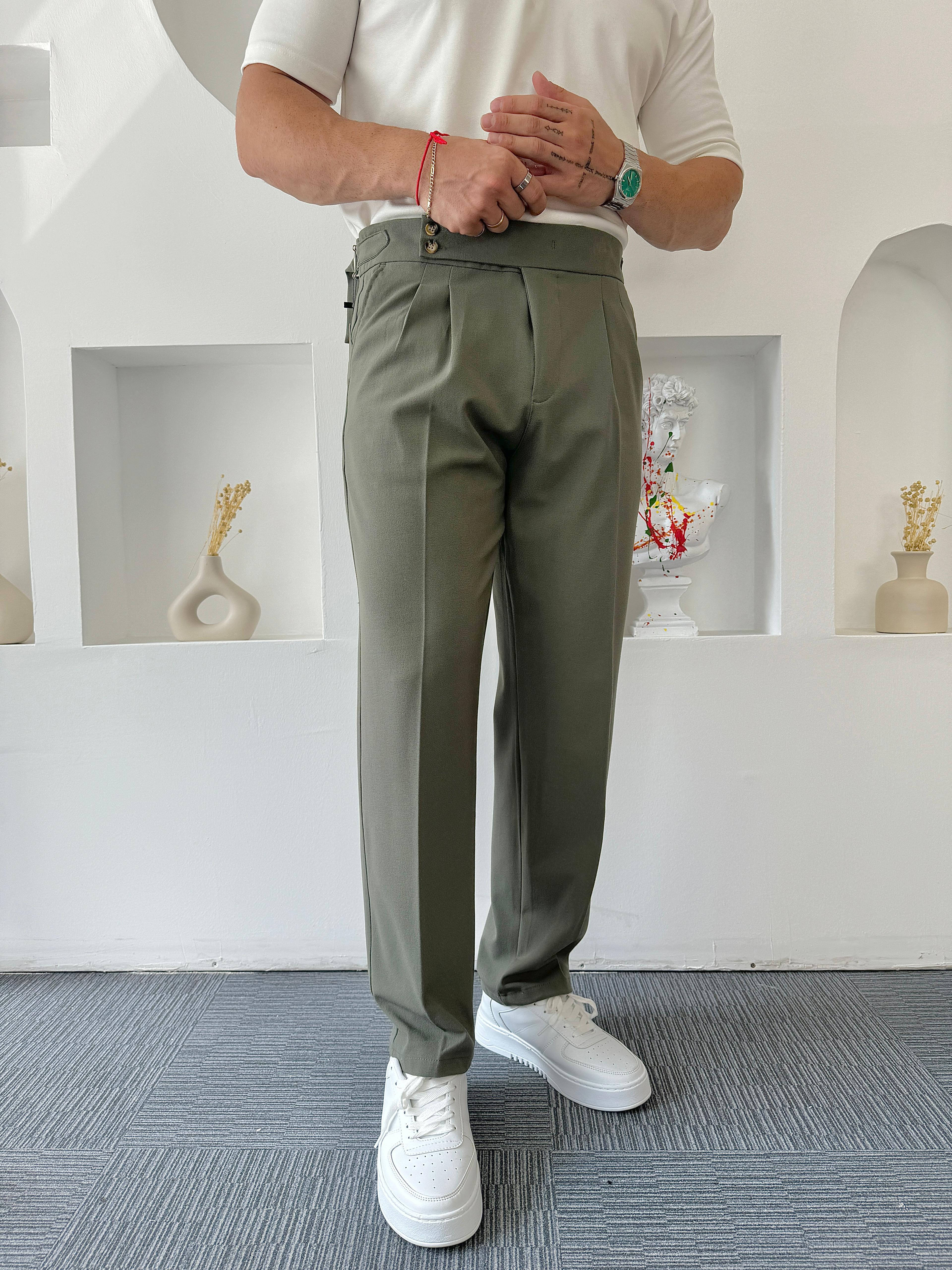 Haki Çift Yan Kemerli Baggy Kumaş Pantolon