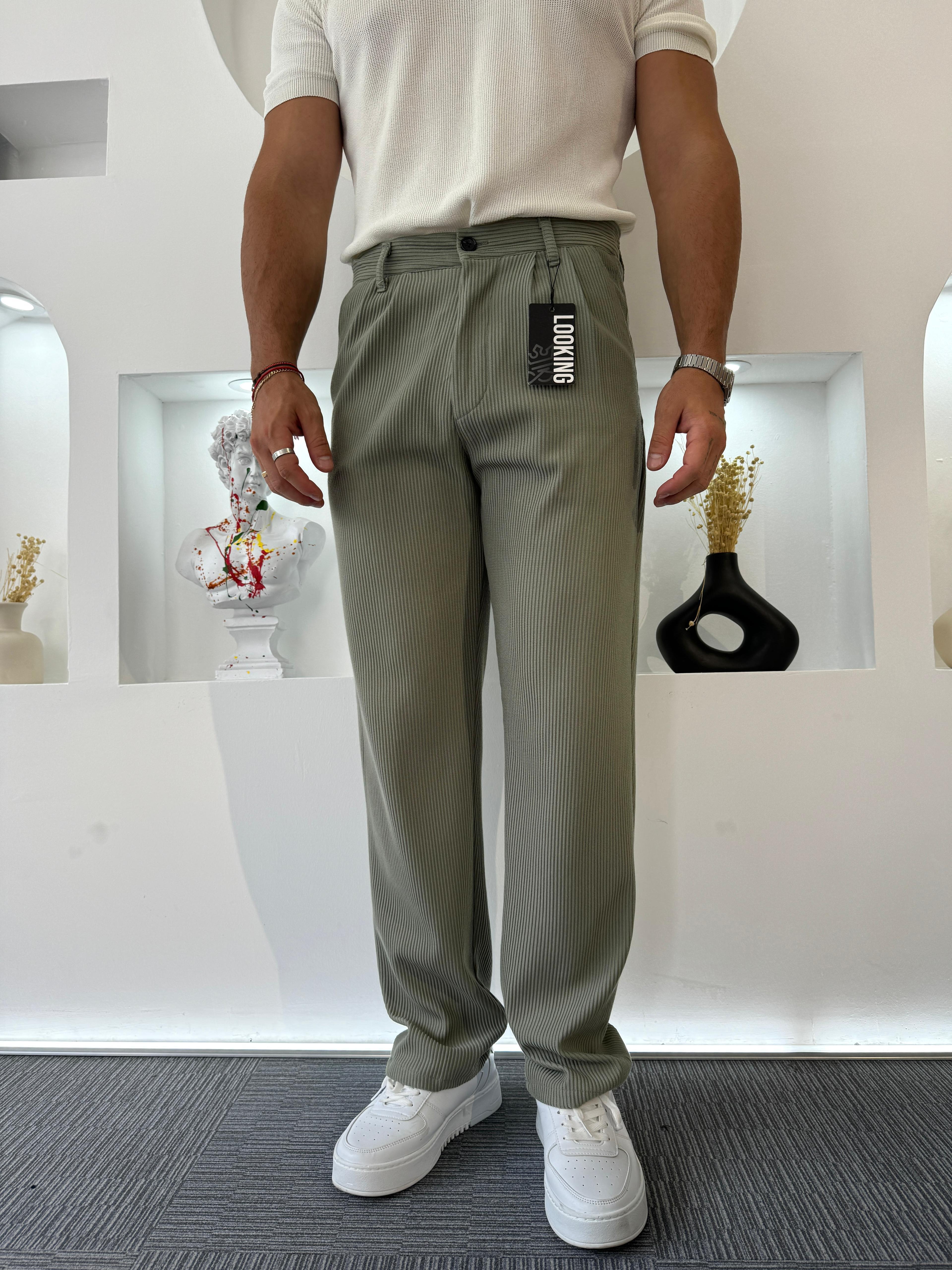 Haki Fitilli Pileli Baggy Pantolon