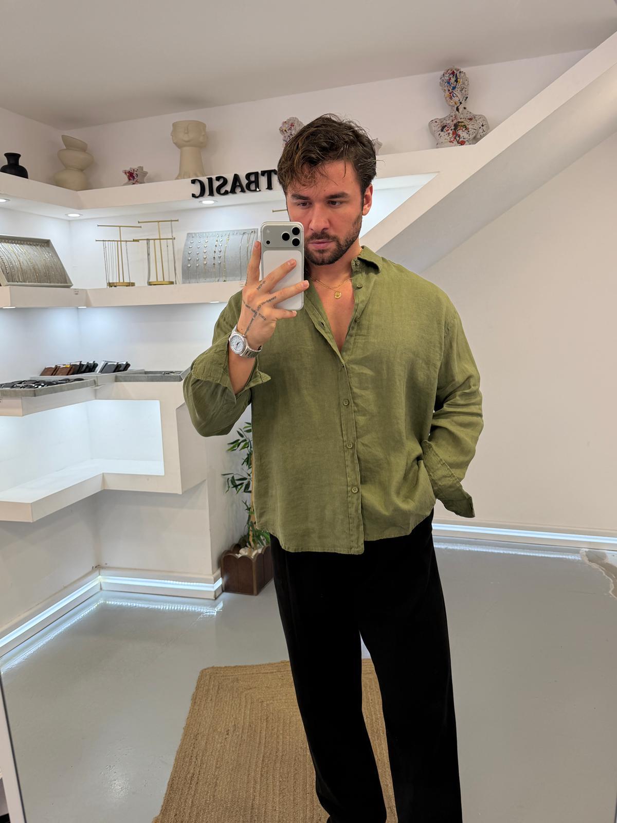 Haki GG %100 Linen Oversize Premium Gömlek