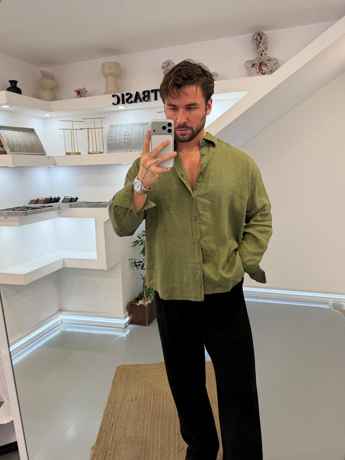Haki GG %100 Linen Oversize Premium Gömlek
