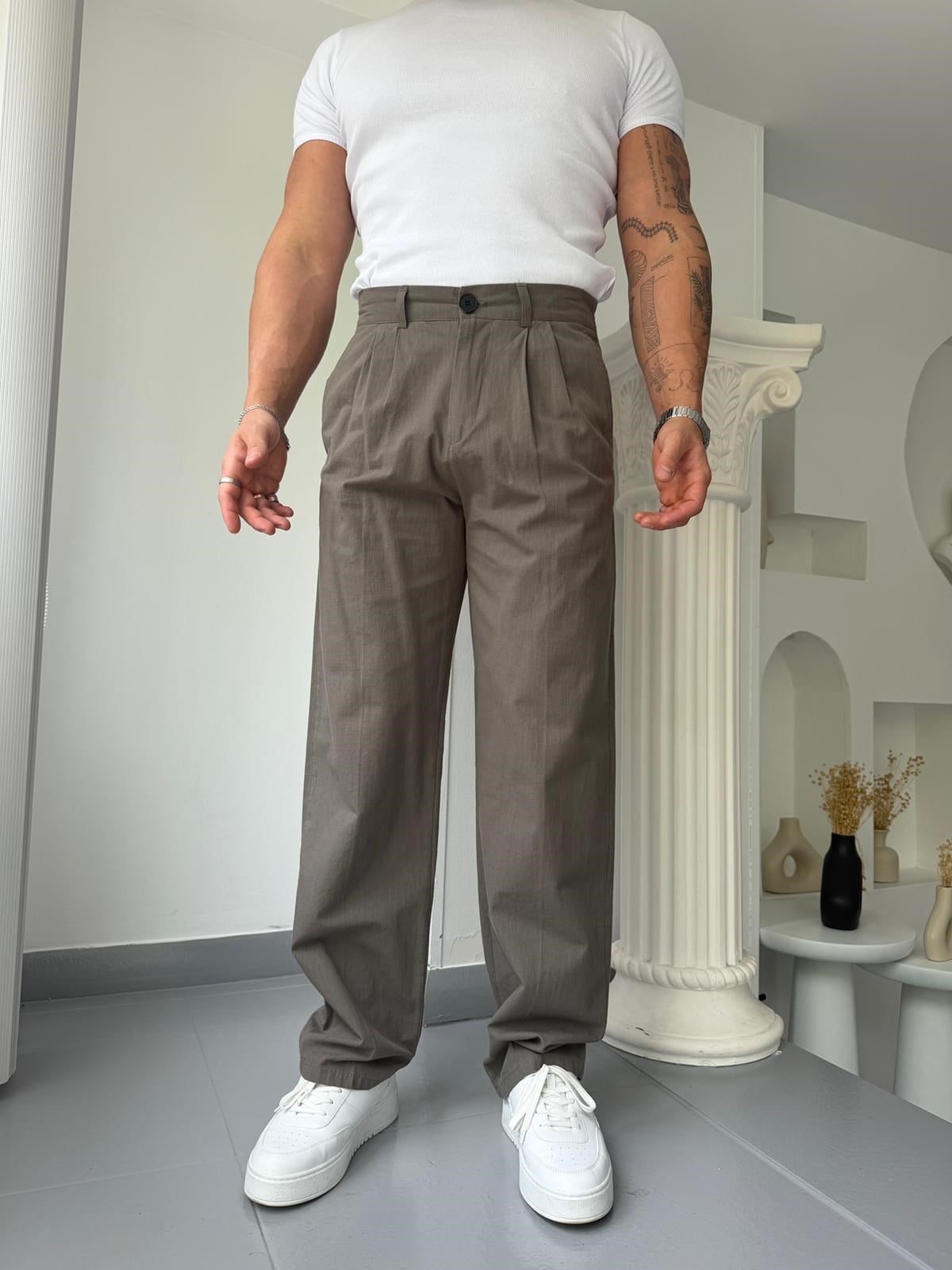 Haki GG Cavello Düğmeli Pileli Baggy Keten Pantolon