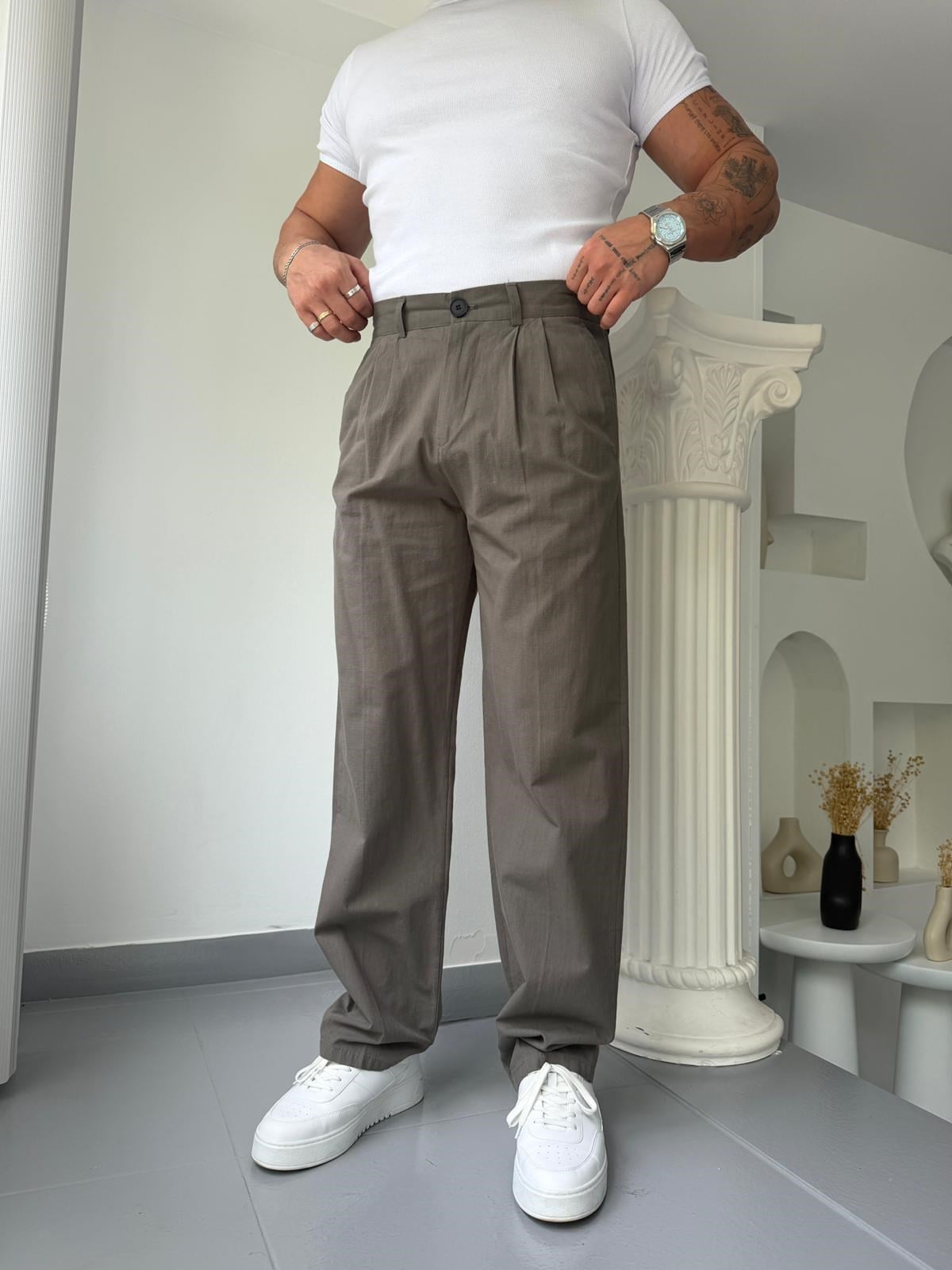 Haki GG Cavello Düğmeli Pileli Baggy Keten Pantolon