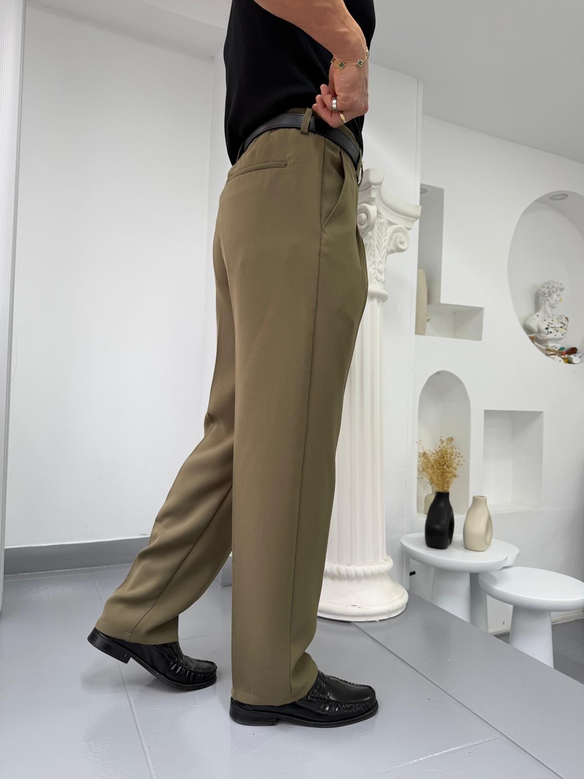 Haki GG Çift Köprü Detay Pileli Baggy Kumaş Pantolon