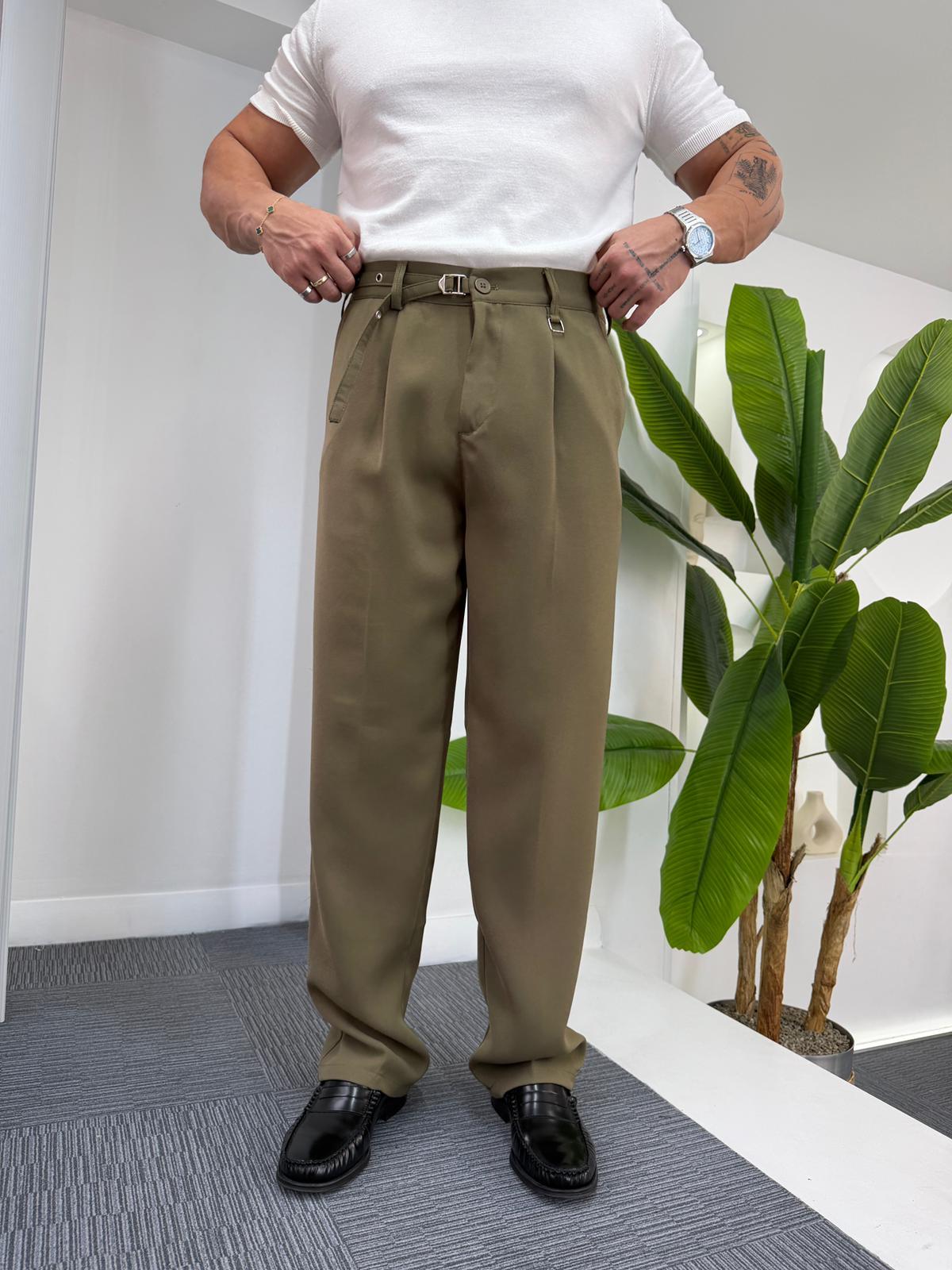 Haki GG Kemerli Linda Baggy Kumaş Pantolon