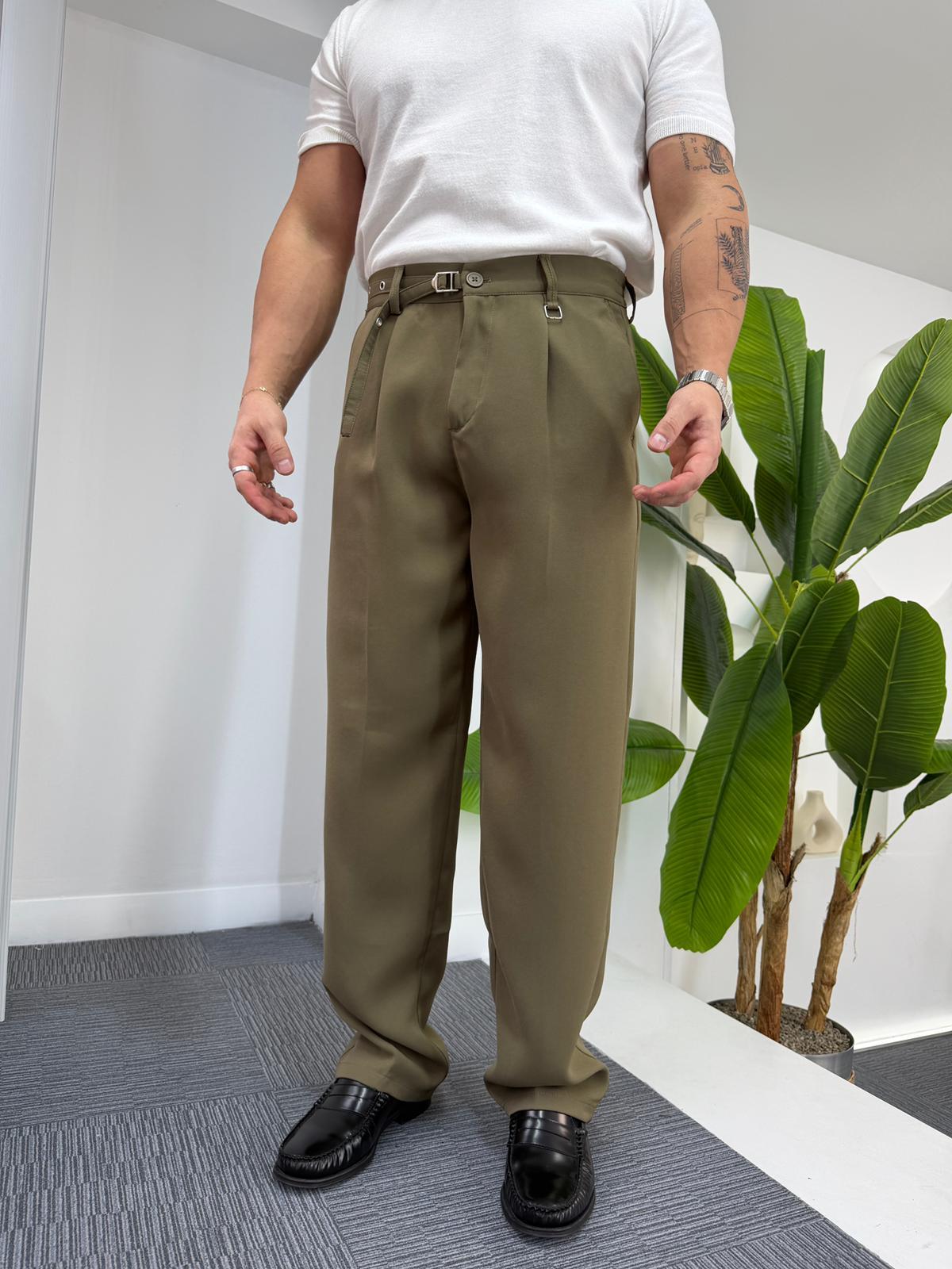 Haki GG Kemerli Linda Baggy Kumaş Pantolon