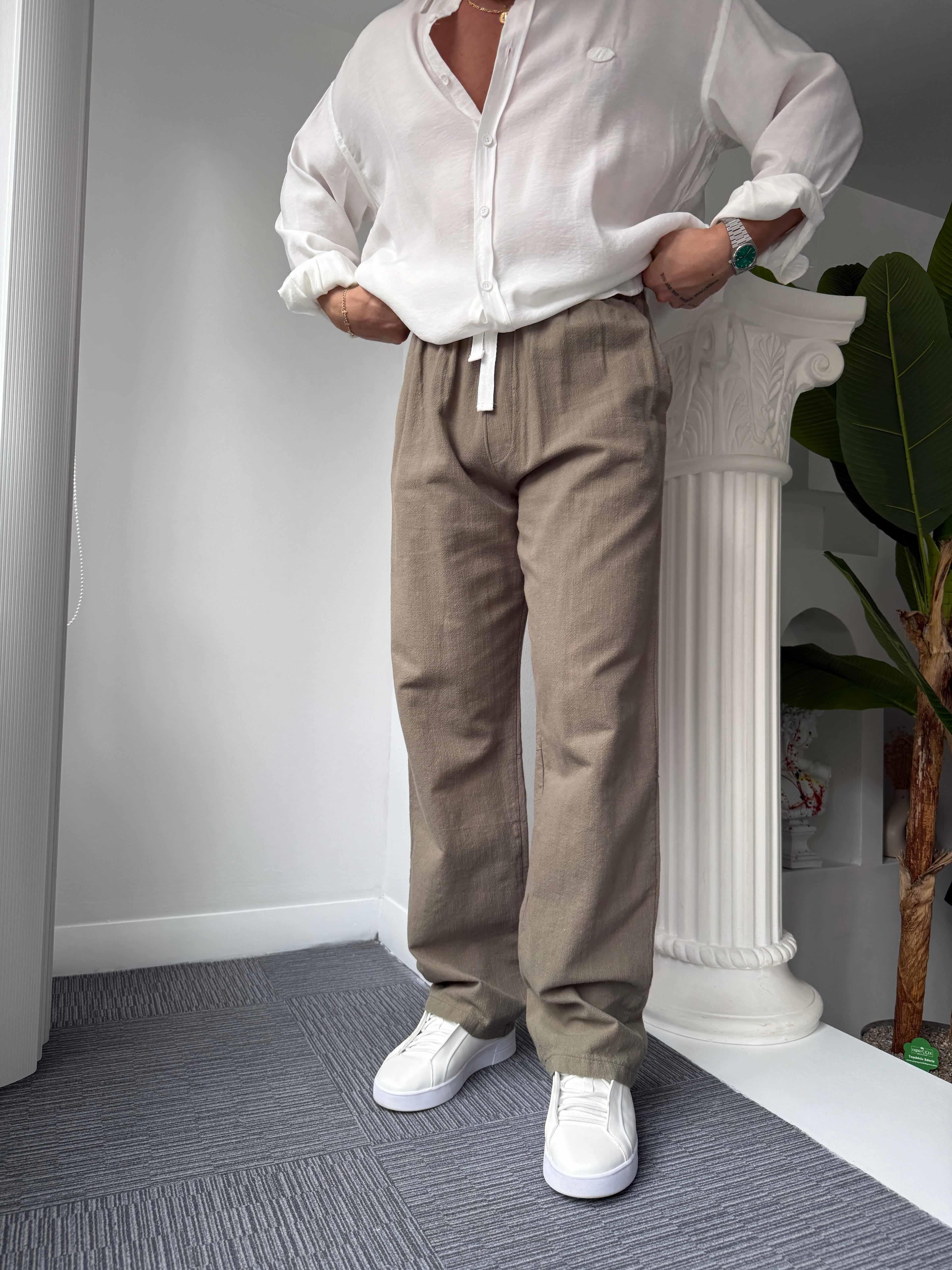 Haki GG Nakışlı Linen Keten Pantolon