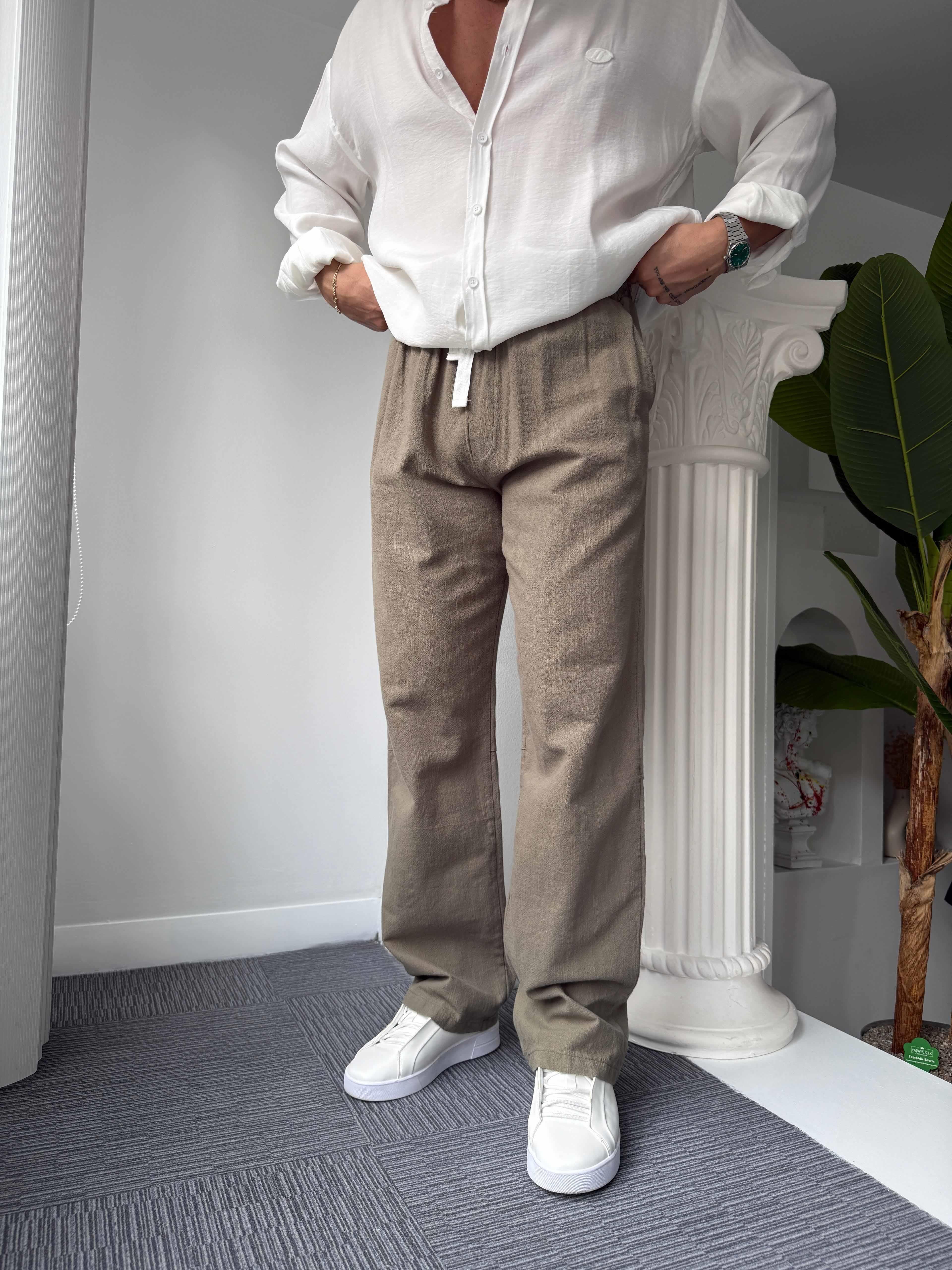 Haki GG Nakışlı Linen Keten Pantolon