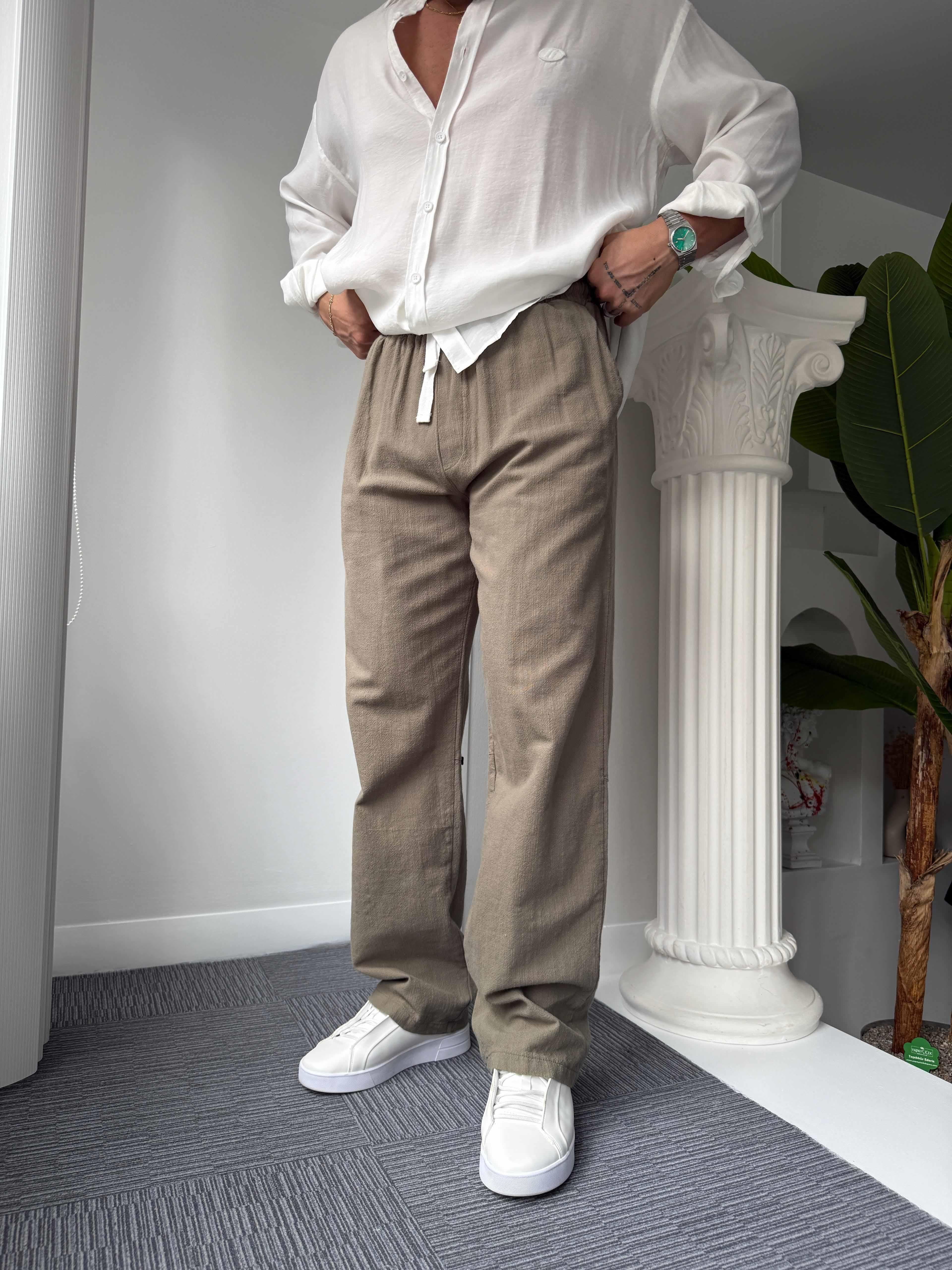Haki GG Nakışlı Linen Keten Pantolon