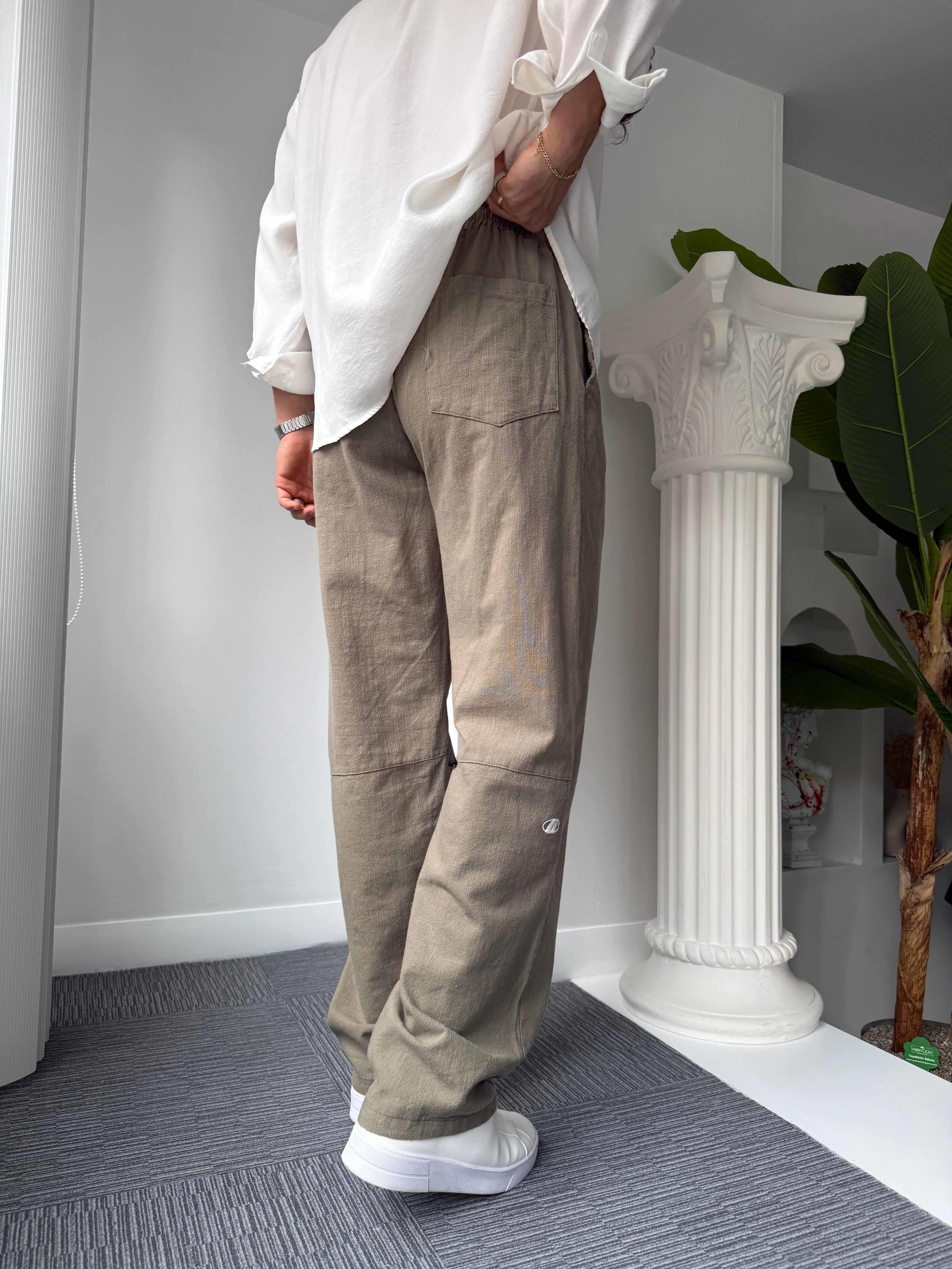 Haki GG Nakışlı Linen Keten Pantolon