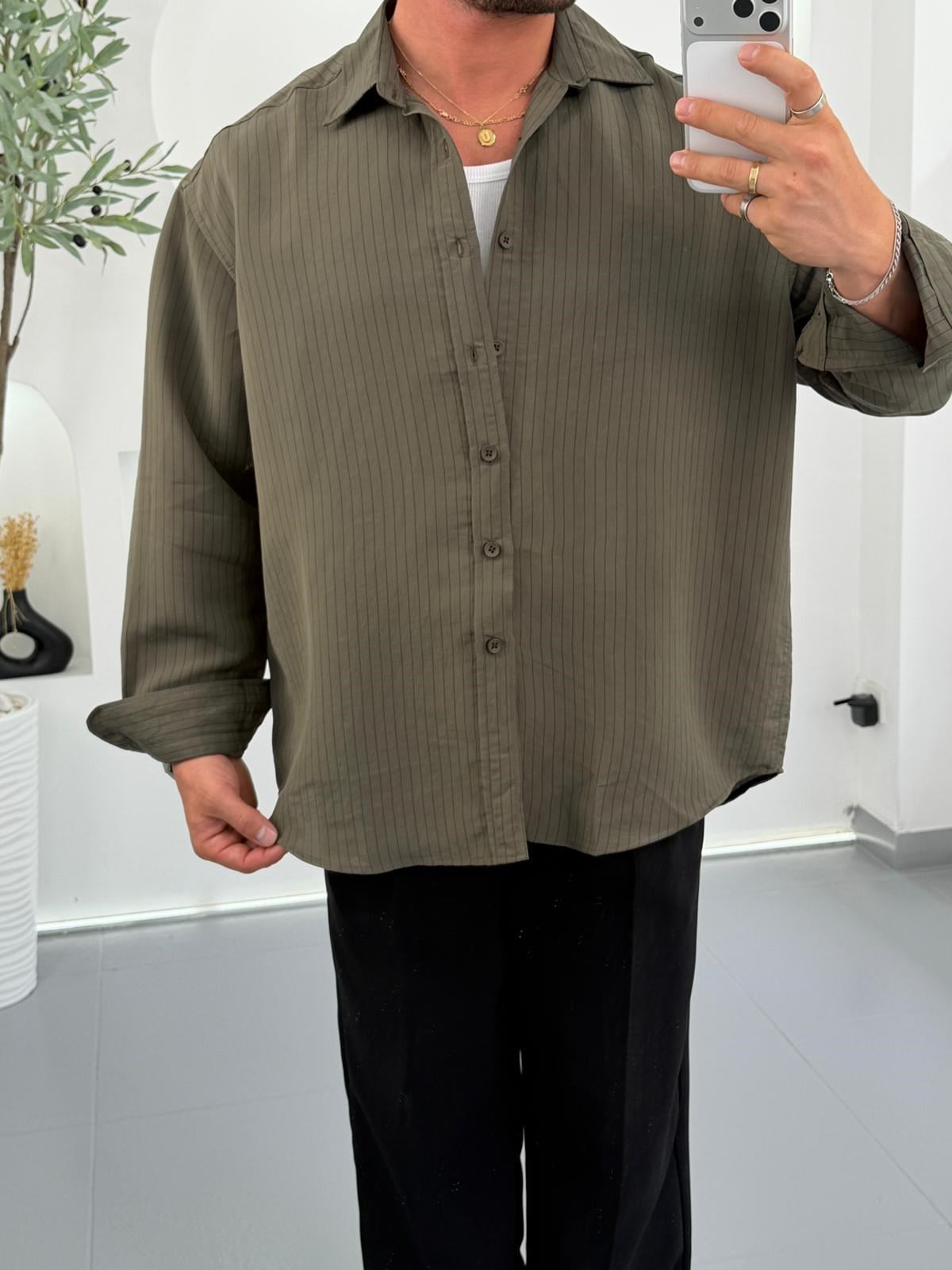 Haki GG Oversize Dikey Çizgili Modal Gömlek
