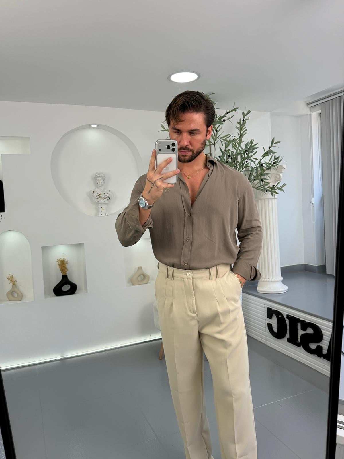 Haki GG Regular Kalıp Basic Tensel Gömlek