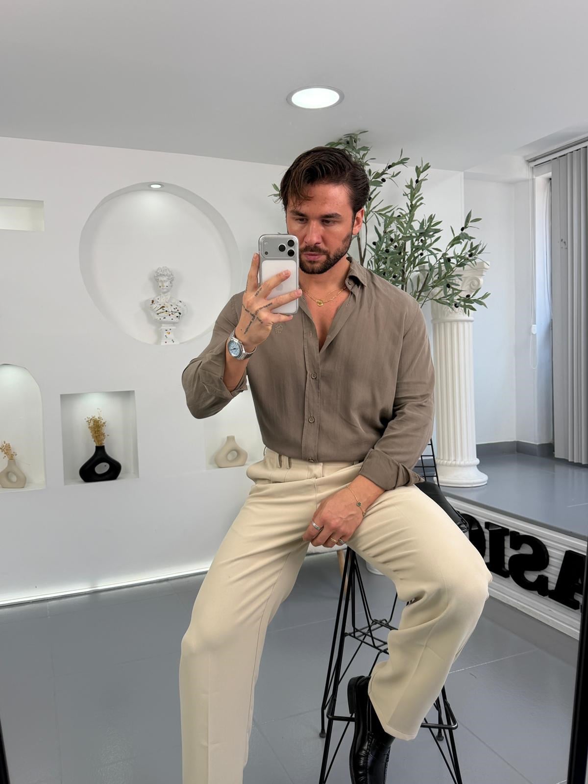 Haki GG Regular Kalıp Basic Tensel Gömlek