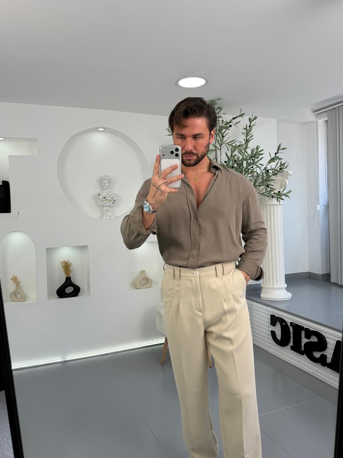 Haki GG Regular Kalıp Basic Tensel Gömlek