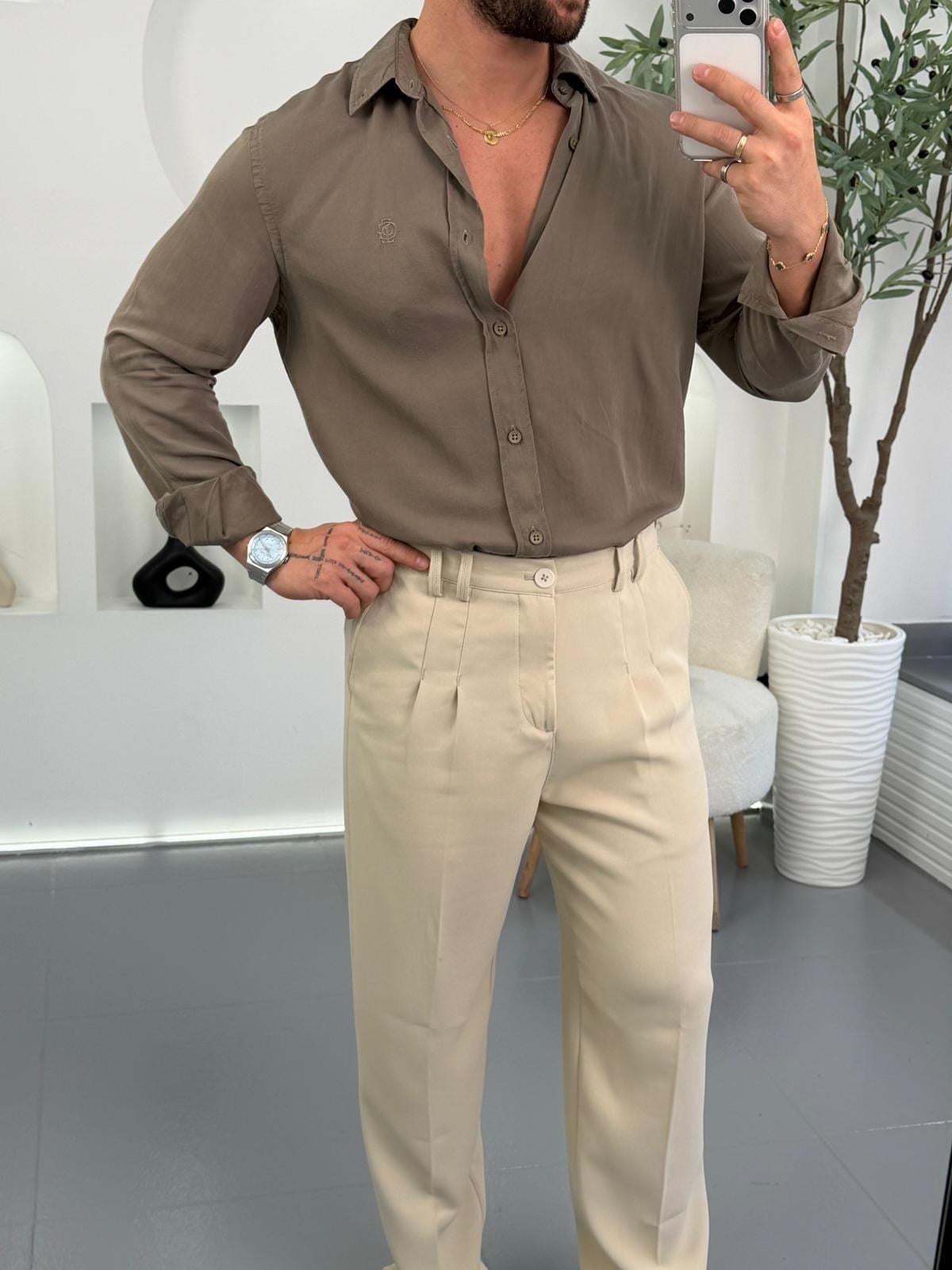 Haki GG Regular Kalıp Basic Tensel Gömlek