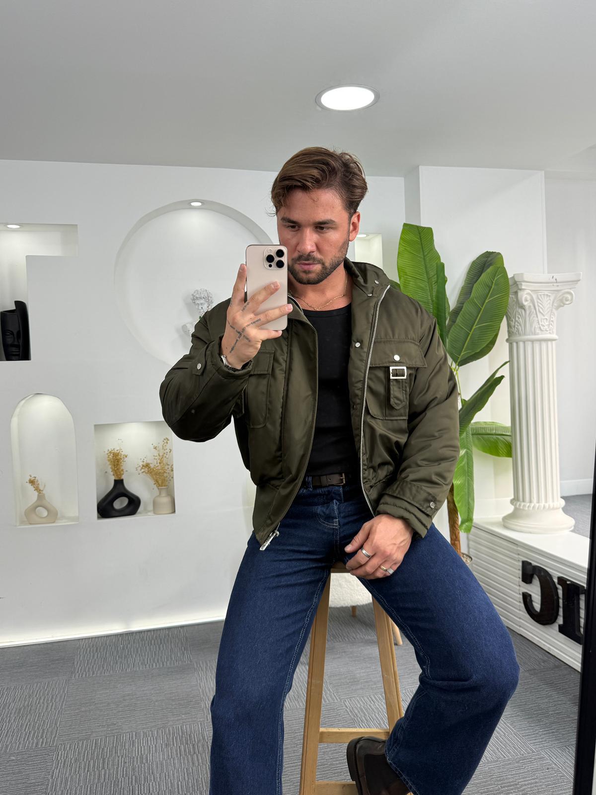 Haki Giesto Çift Cep Bomber Crop Ceket