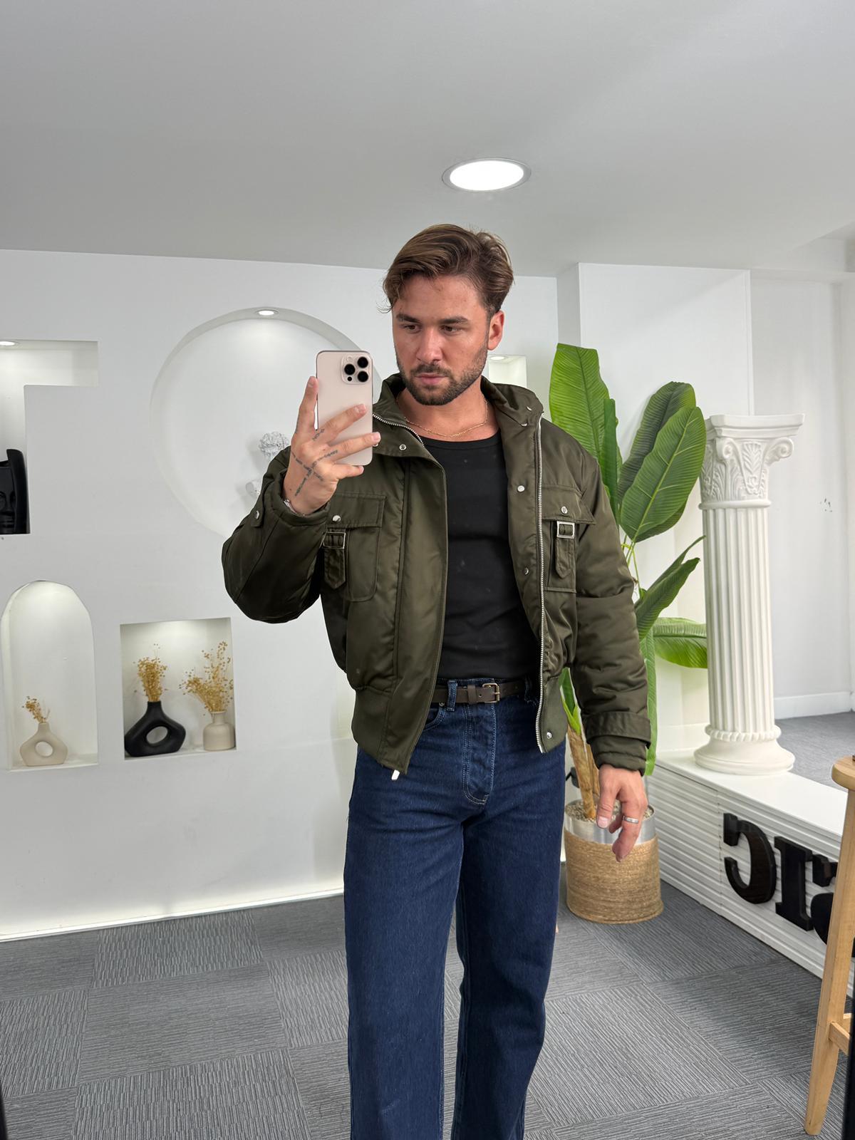Haki Giesto Çift Cep Bomber Crop Ceket