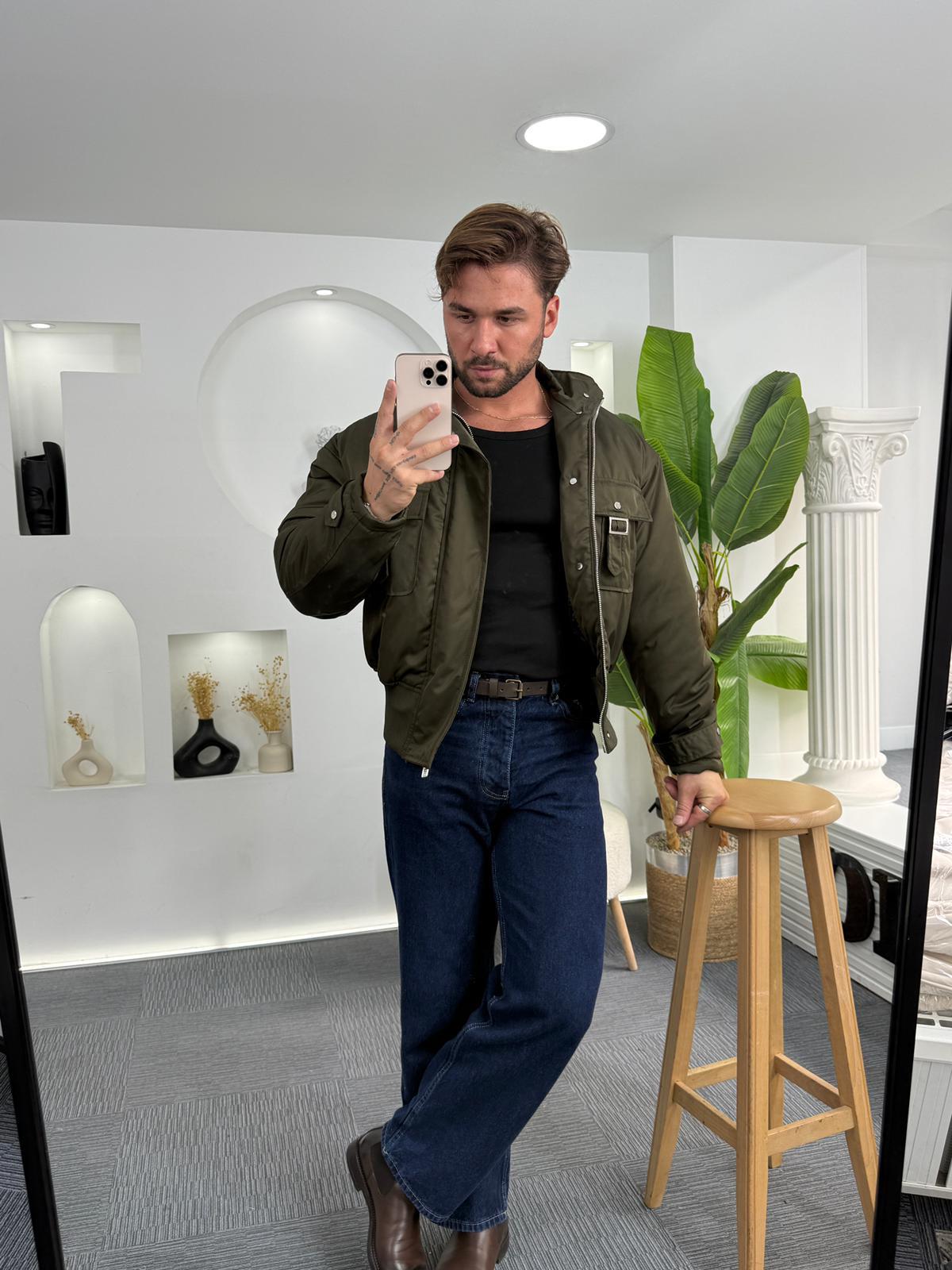 Haki Giesto Çift Cep Bomber Crop Ceket
