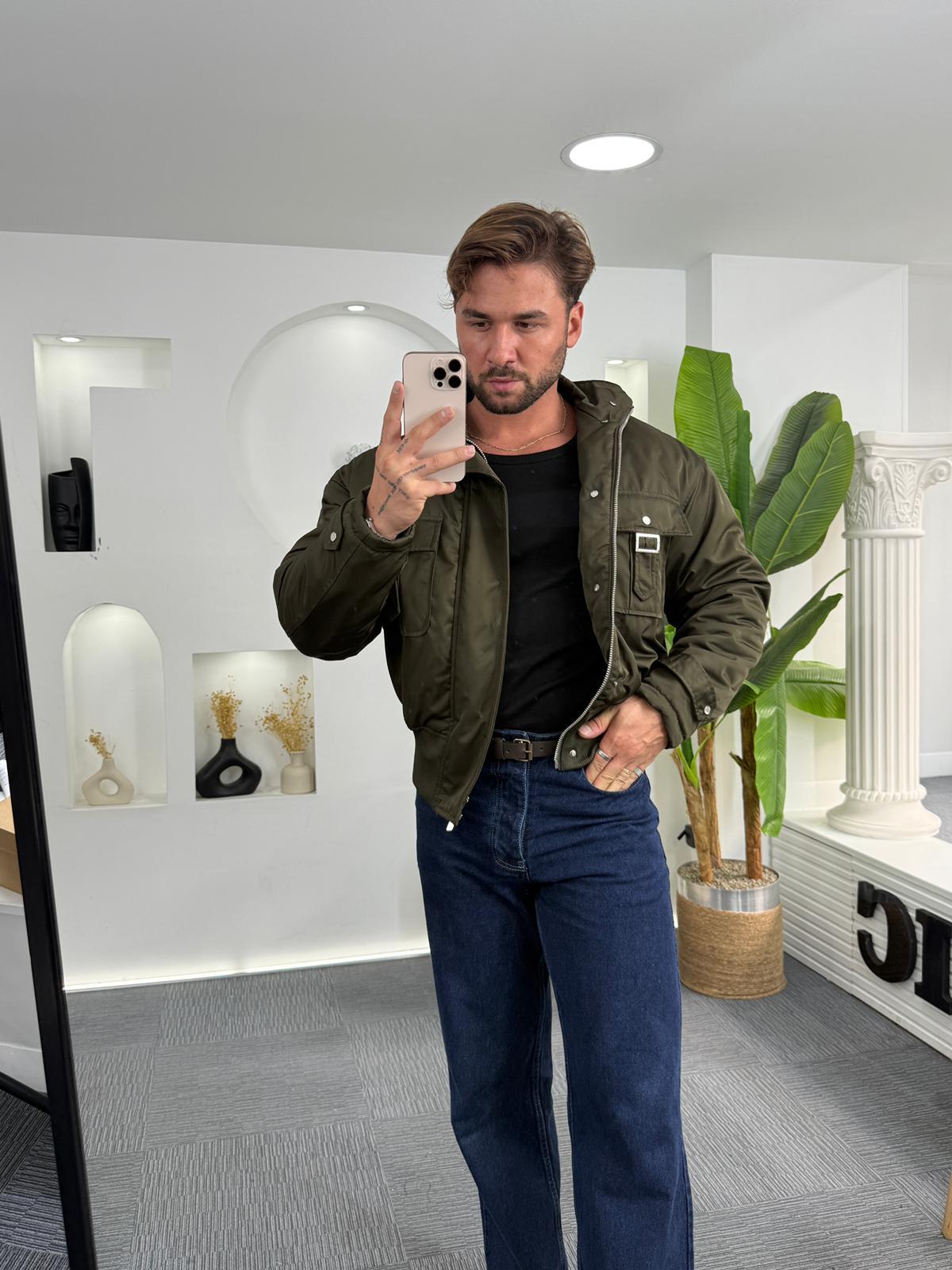 Haki Giesto Çift Cep Bomber Crop Ceket
