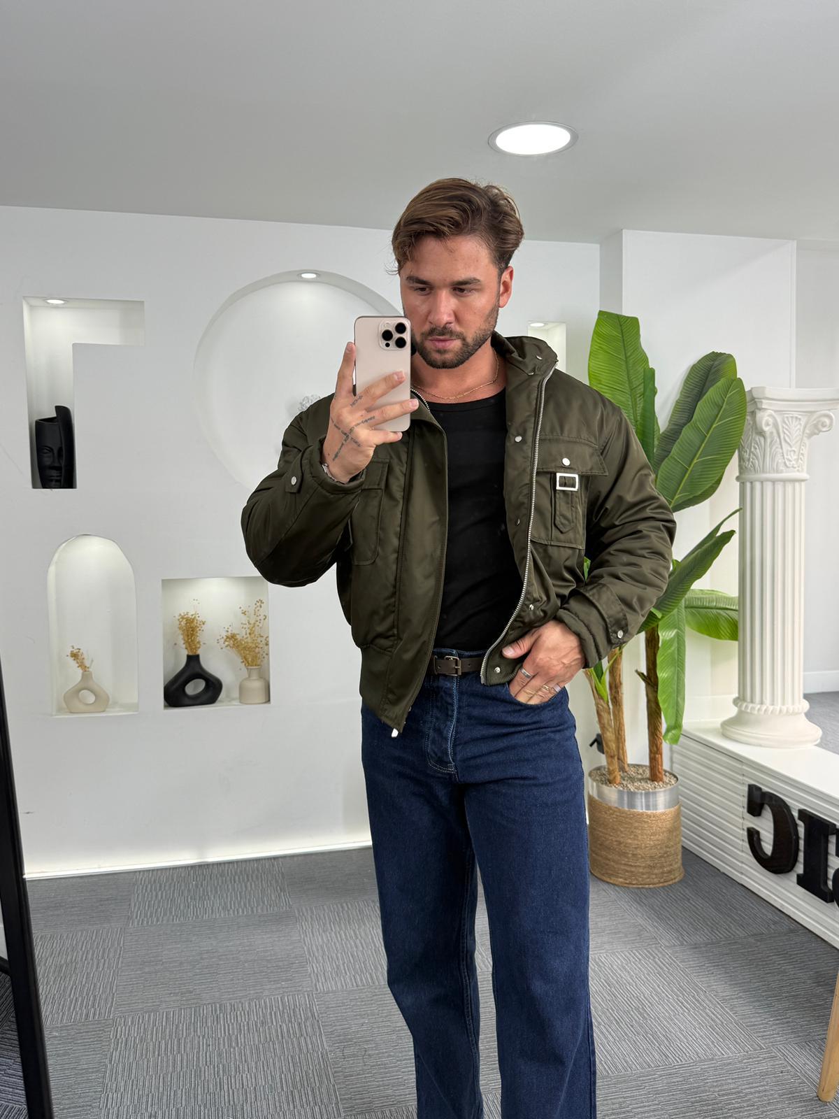 Haki Giesto Çift Cep Bomber Crop Ceket