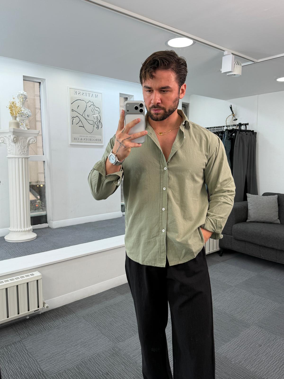 Haki Giesto Oversize Fresh Keten Gömlek